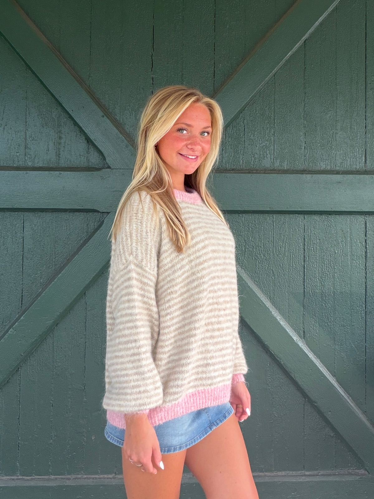 Vintage Havana Ivory Taupe Sweater with Pink Contrast