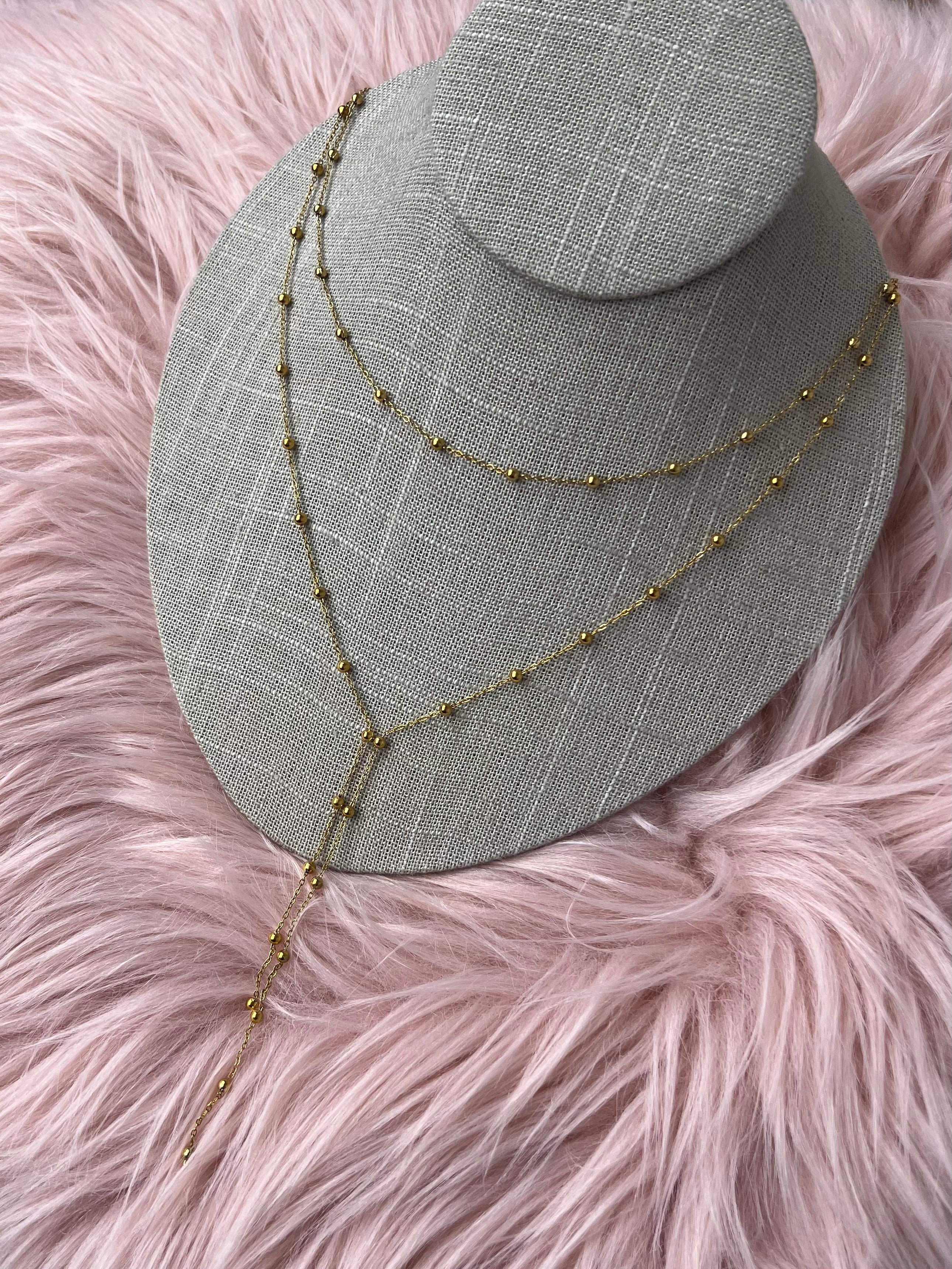 Golden Double Chain Lariat Necklace – 18K Gold Plated Stainless Steel, Water & Tarnish Resistant
