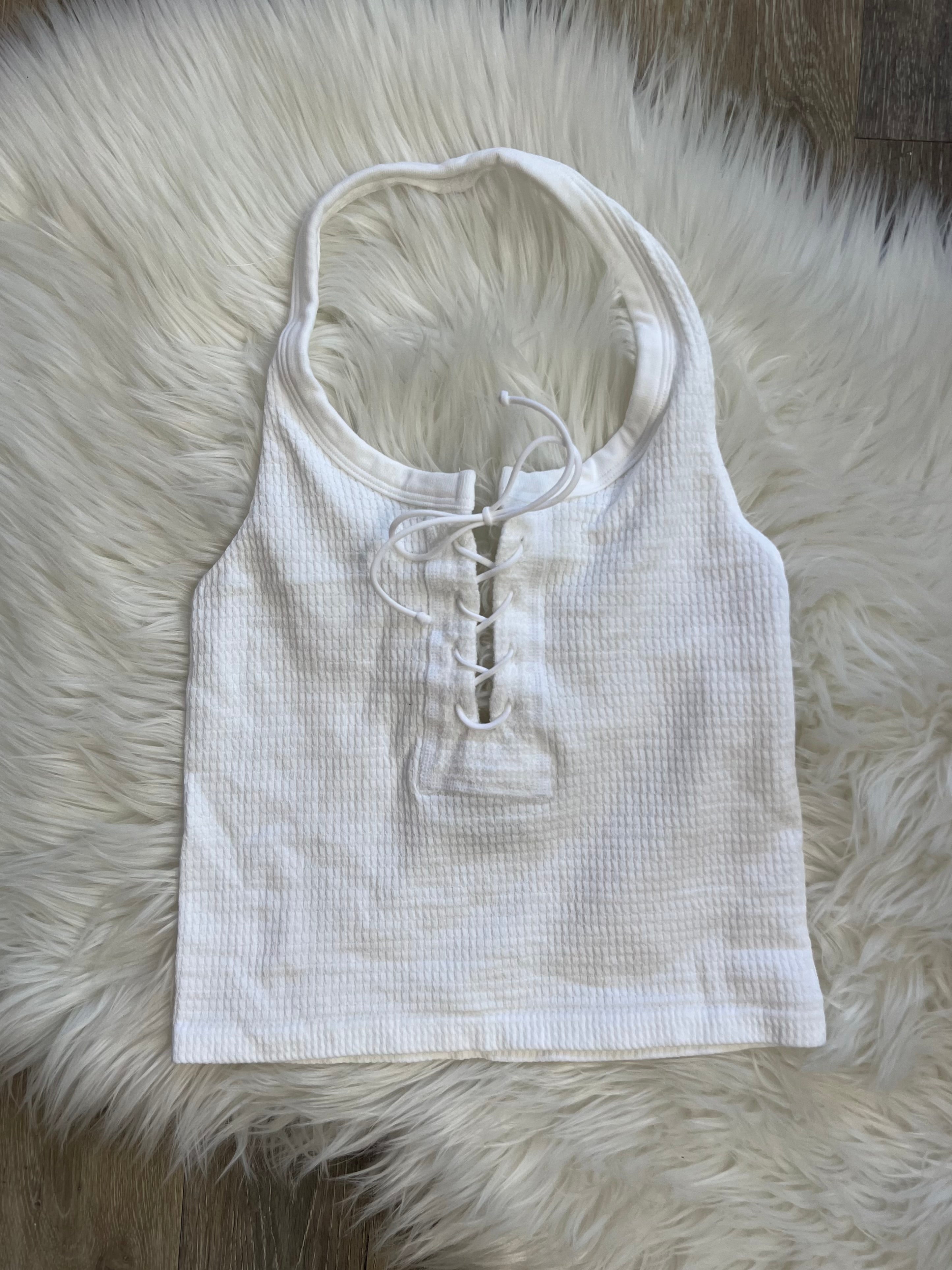 Vintage Havana White Halter Seamless Crop Top – Front Lace-Up, One Size