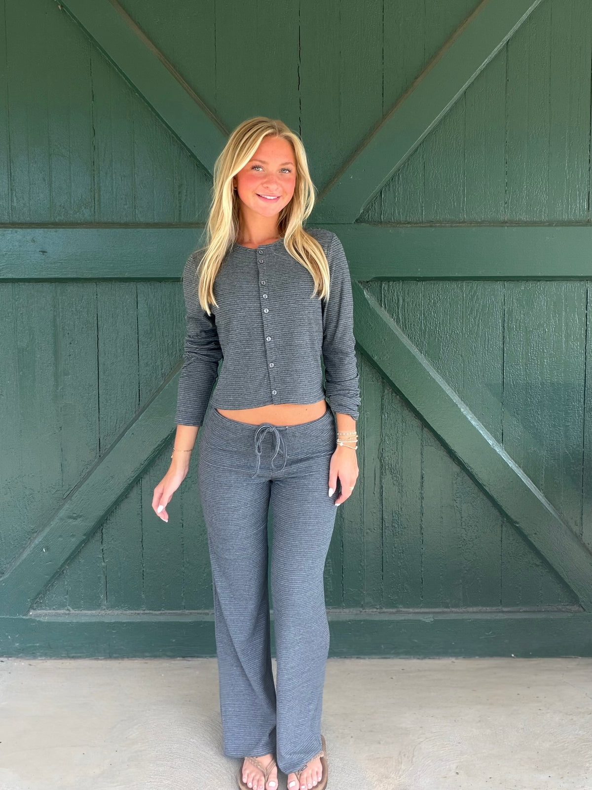 The Comfy Social Cardigan – Dark Grey Stripe