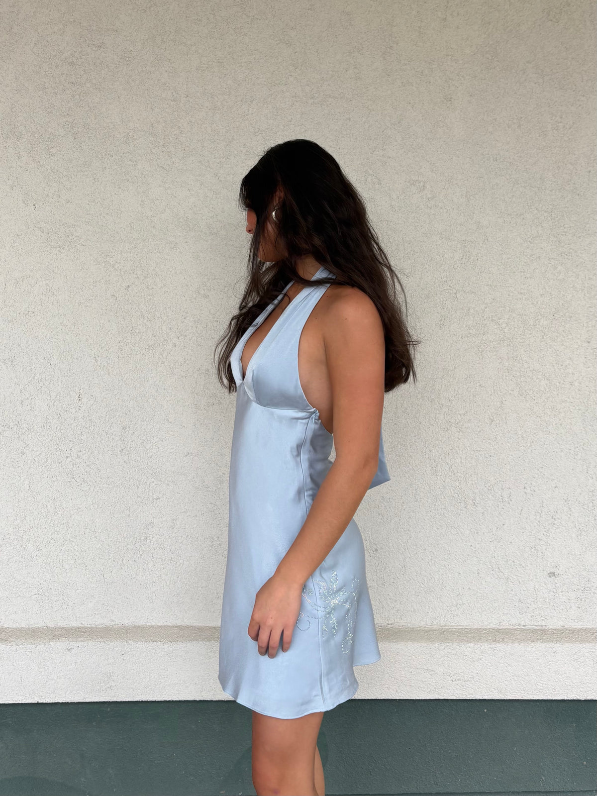 Silky Halter Mini Dress with Crystal Detail