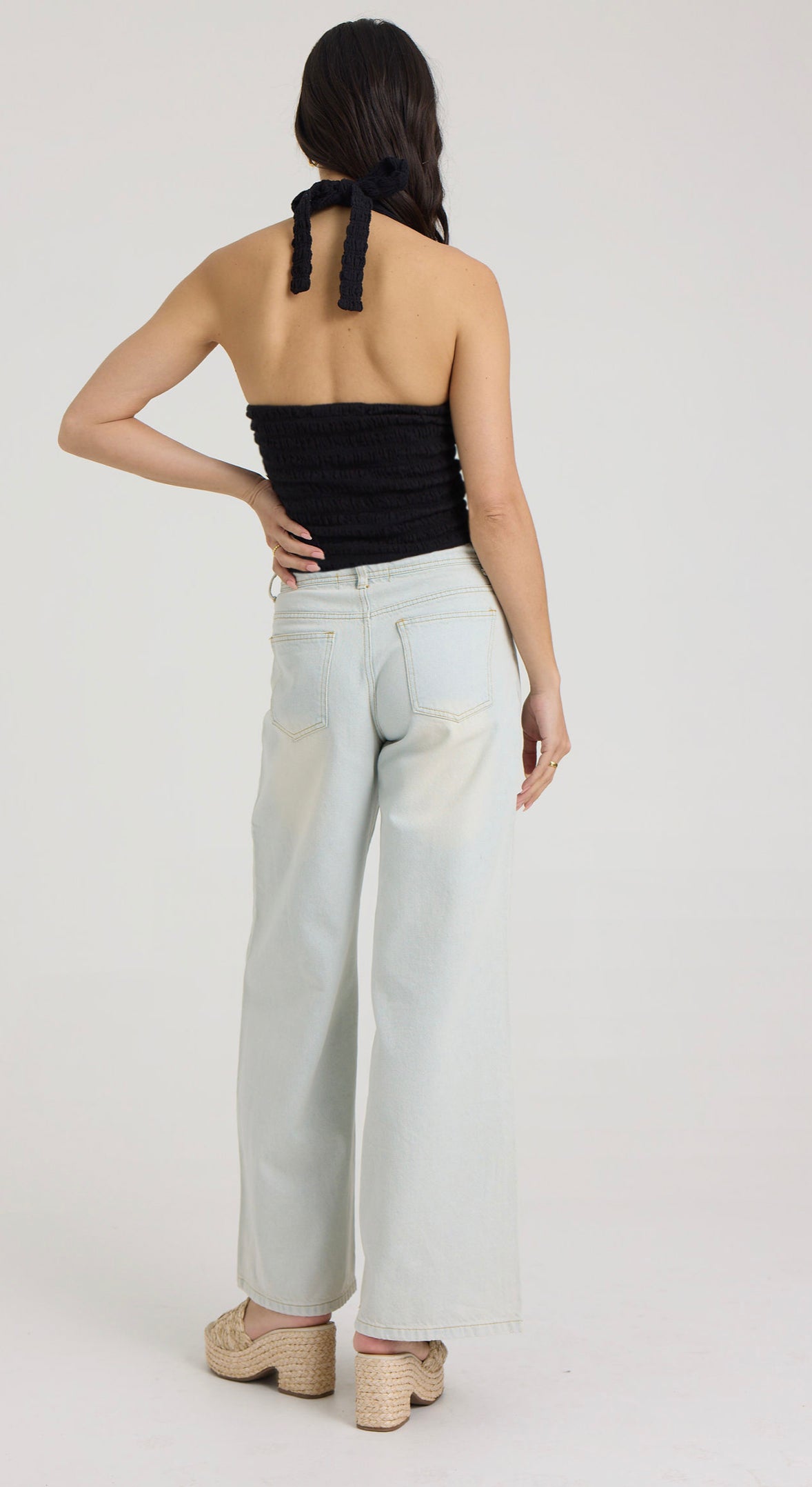 Vintage Havana Black Smocked Linen Halter Crop Top