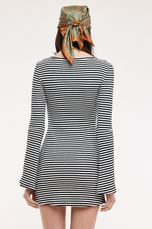 Retro Breeze Striped Bell Sleeve Tee Dress