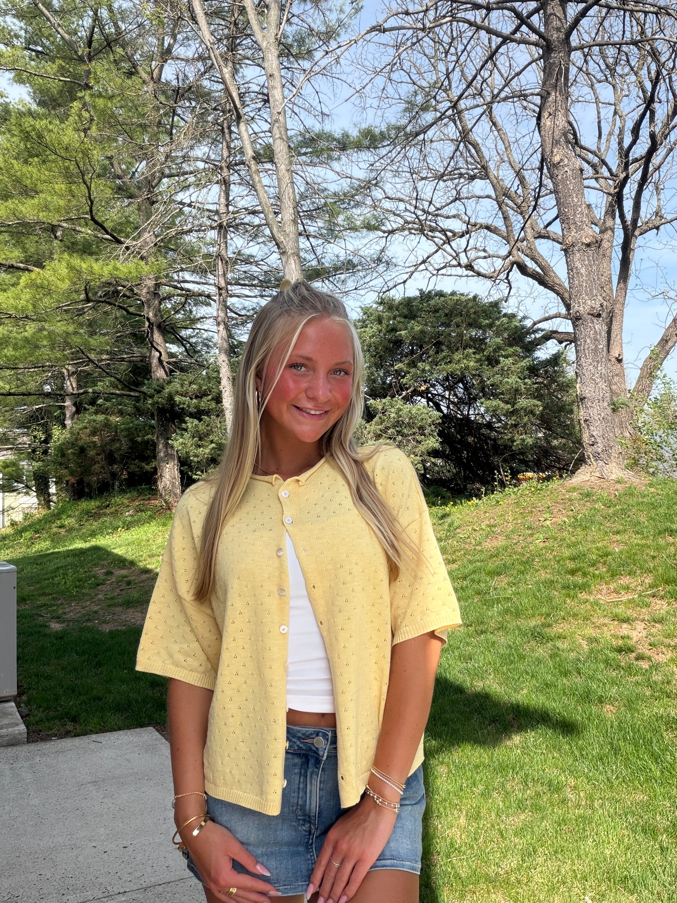 The It Girl Short Sleeve Pointelle Cardigan - Light Yellow