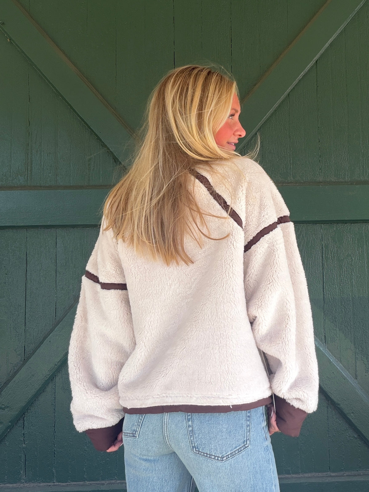 Vintage Havana Light Beige with Brown Sherpa Quarter Zip with Contrast Binding