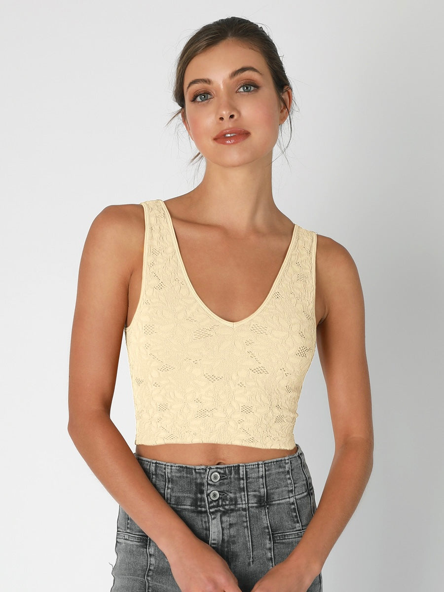 Stassi Lace V Neck Butter Cream Tank Top