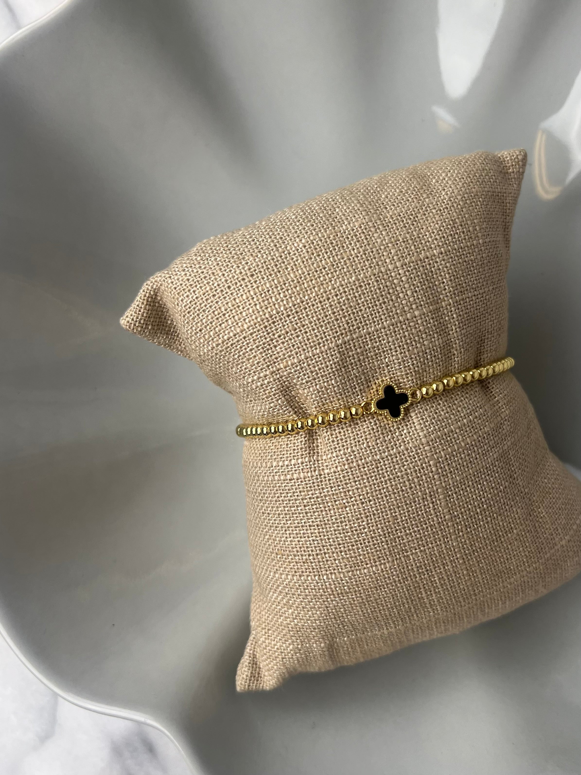 Black Enamel Clover Stretch Ball Bracelet