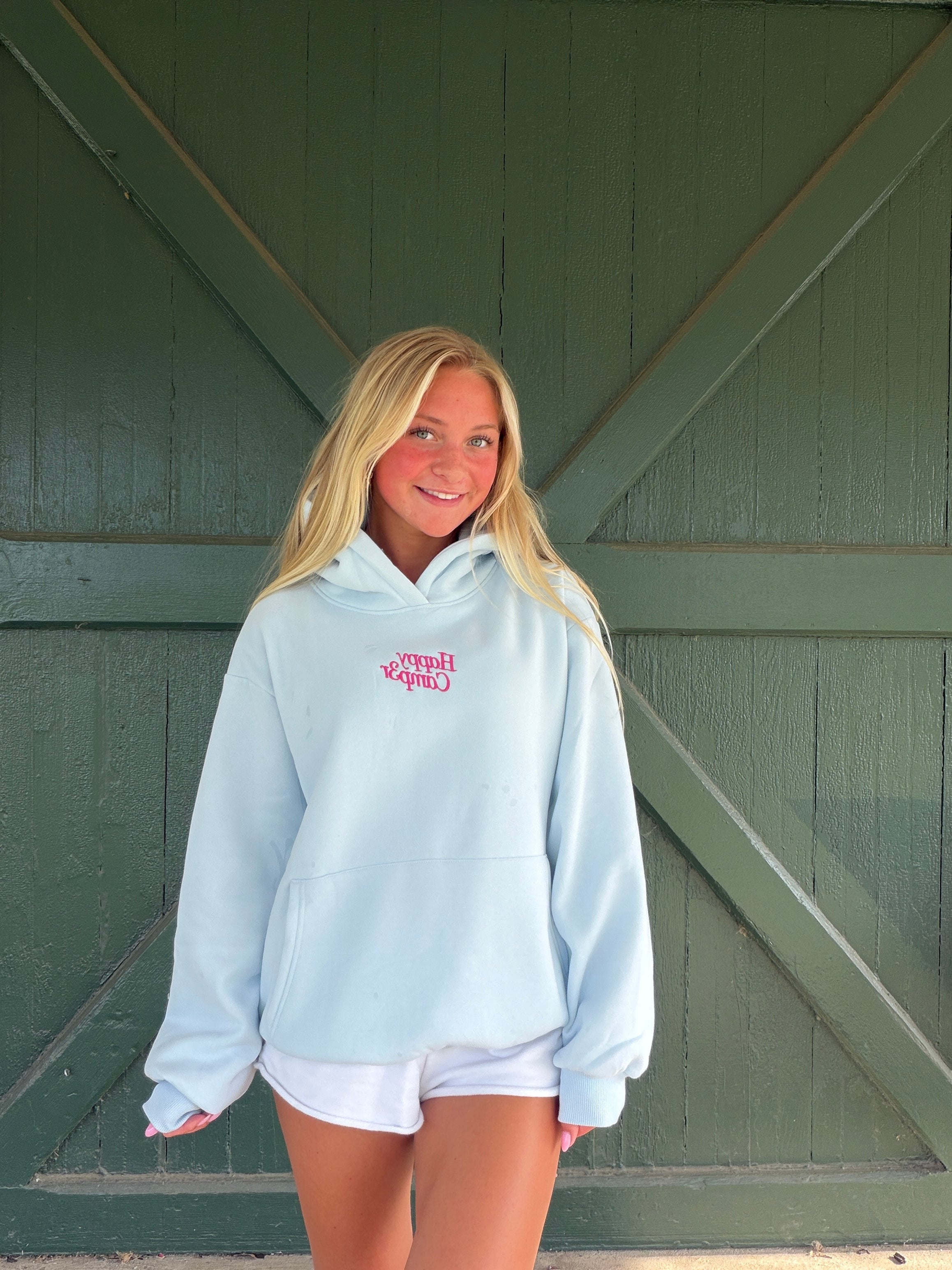 Happy Camp3r Pastel Blue Appliqué Hoodie