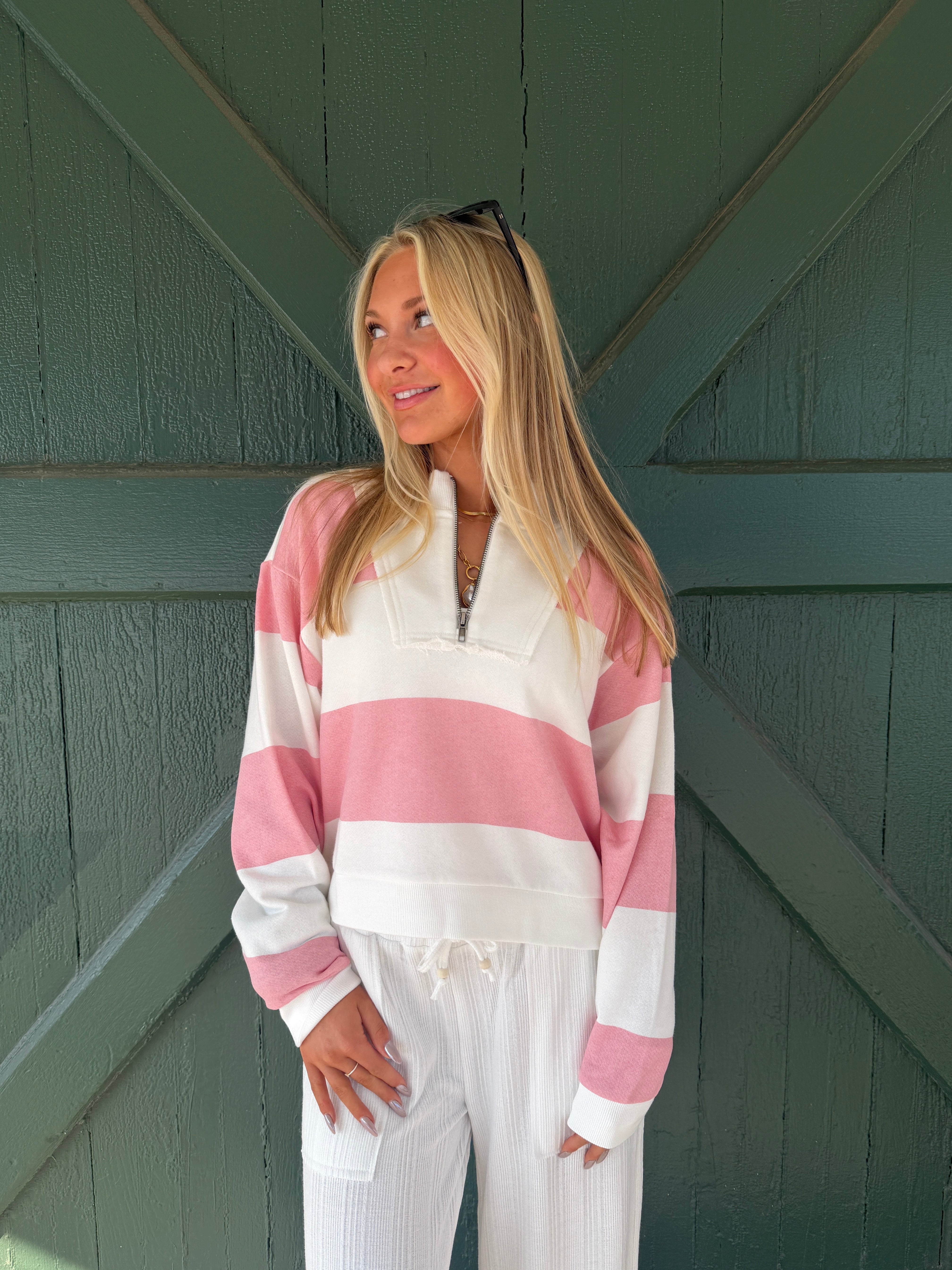 Vintage Havana Sorbet Pink Striped French Terry Half Zip