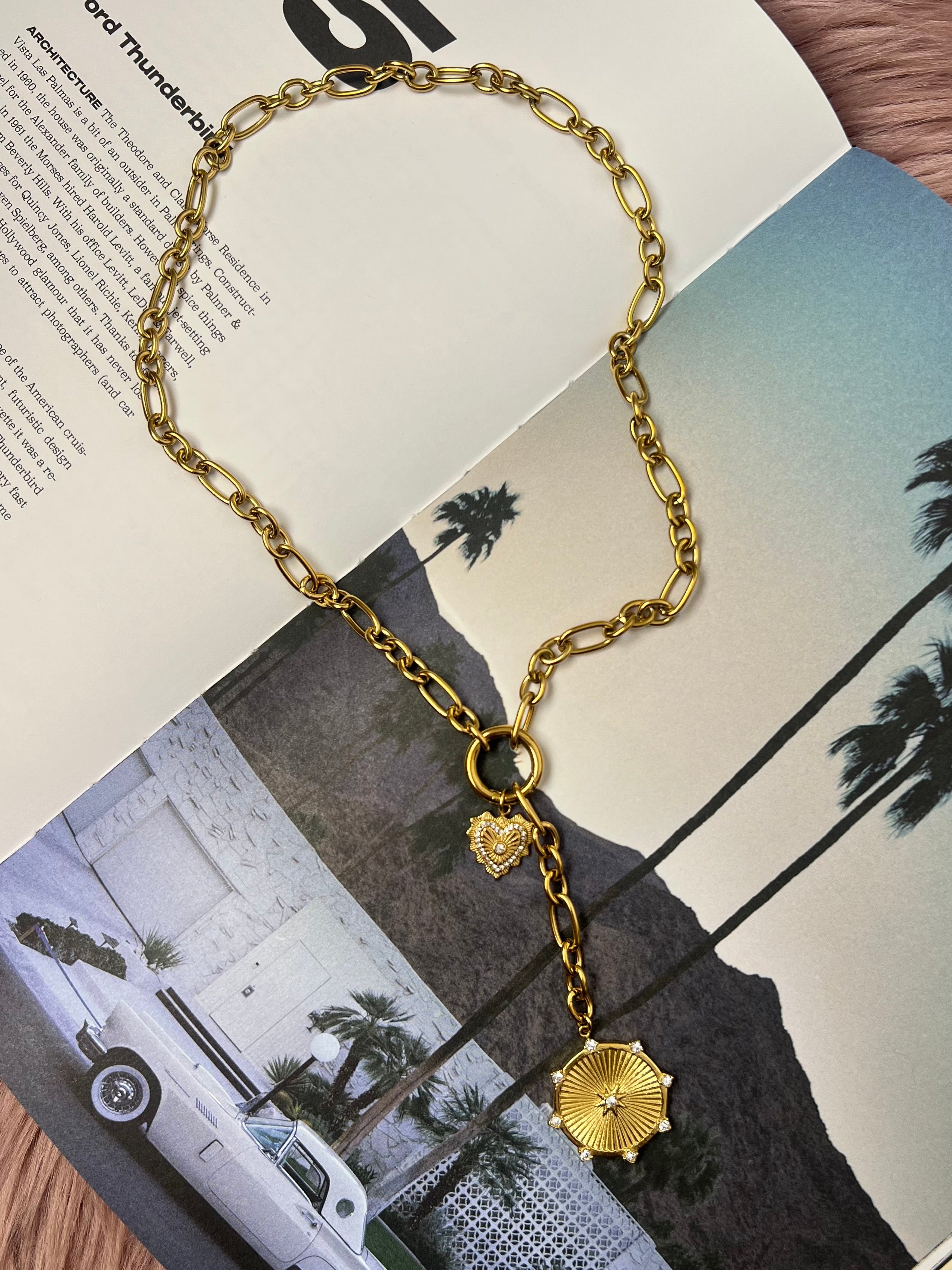 Sara Starburst Medallion with Small Heart Medallion Necklace