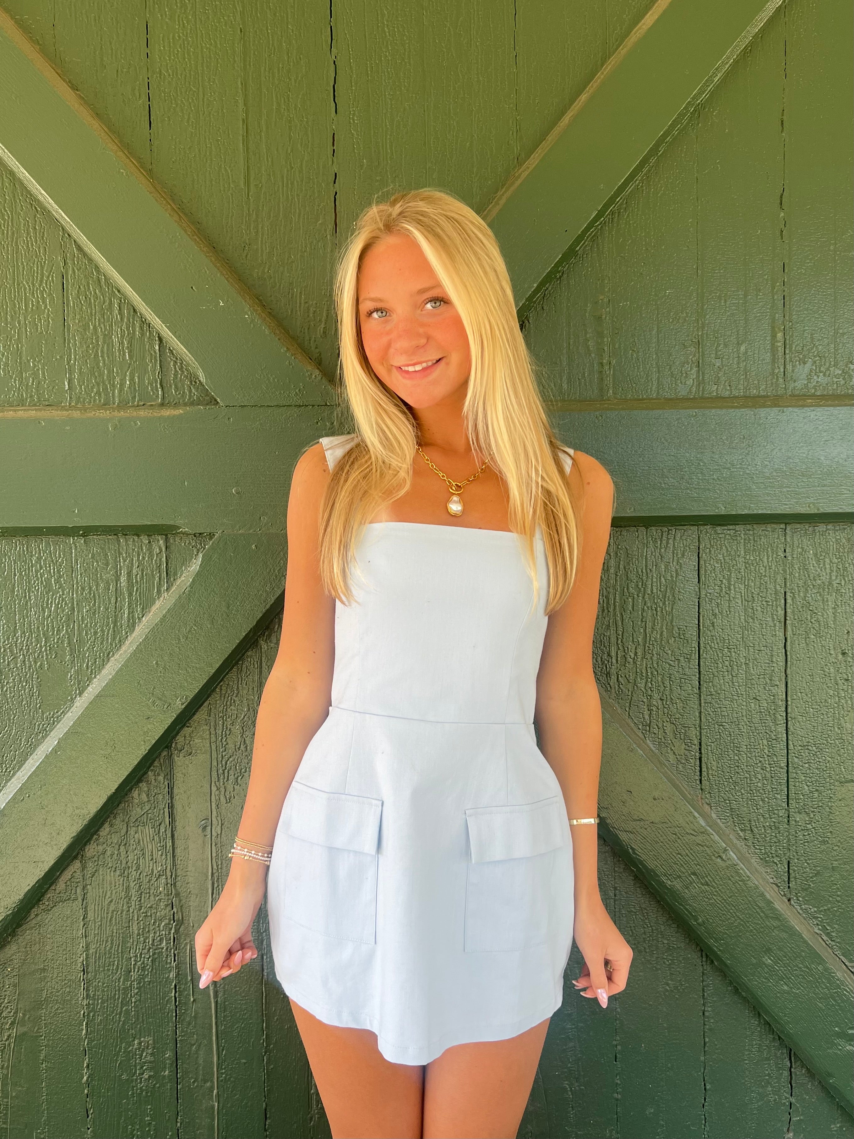 West Village Linen Dress Romper -Baby Blue