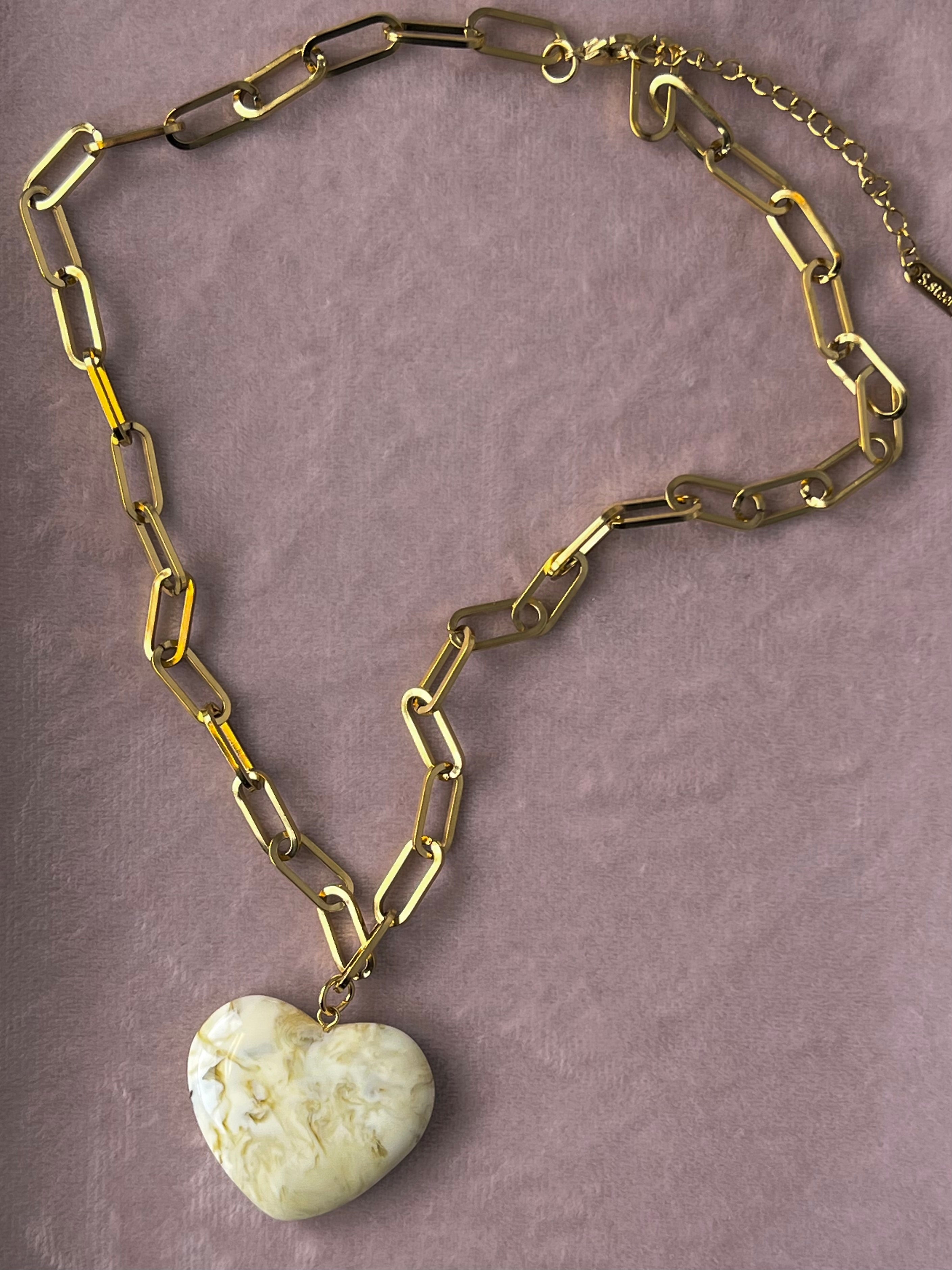 The Melissa Marbled Cream Resin Puff Heart Necklace – Water & Tarnish Resistant