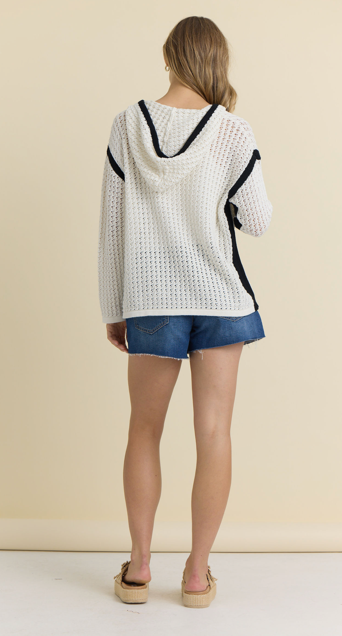 Vintage Havana Ivory Crochet Hoodie with Black Trim