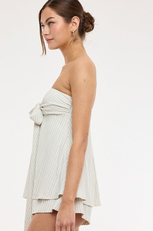 Luna Coast Strapless Striped Tie-Front Romper Dress