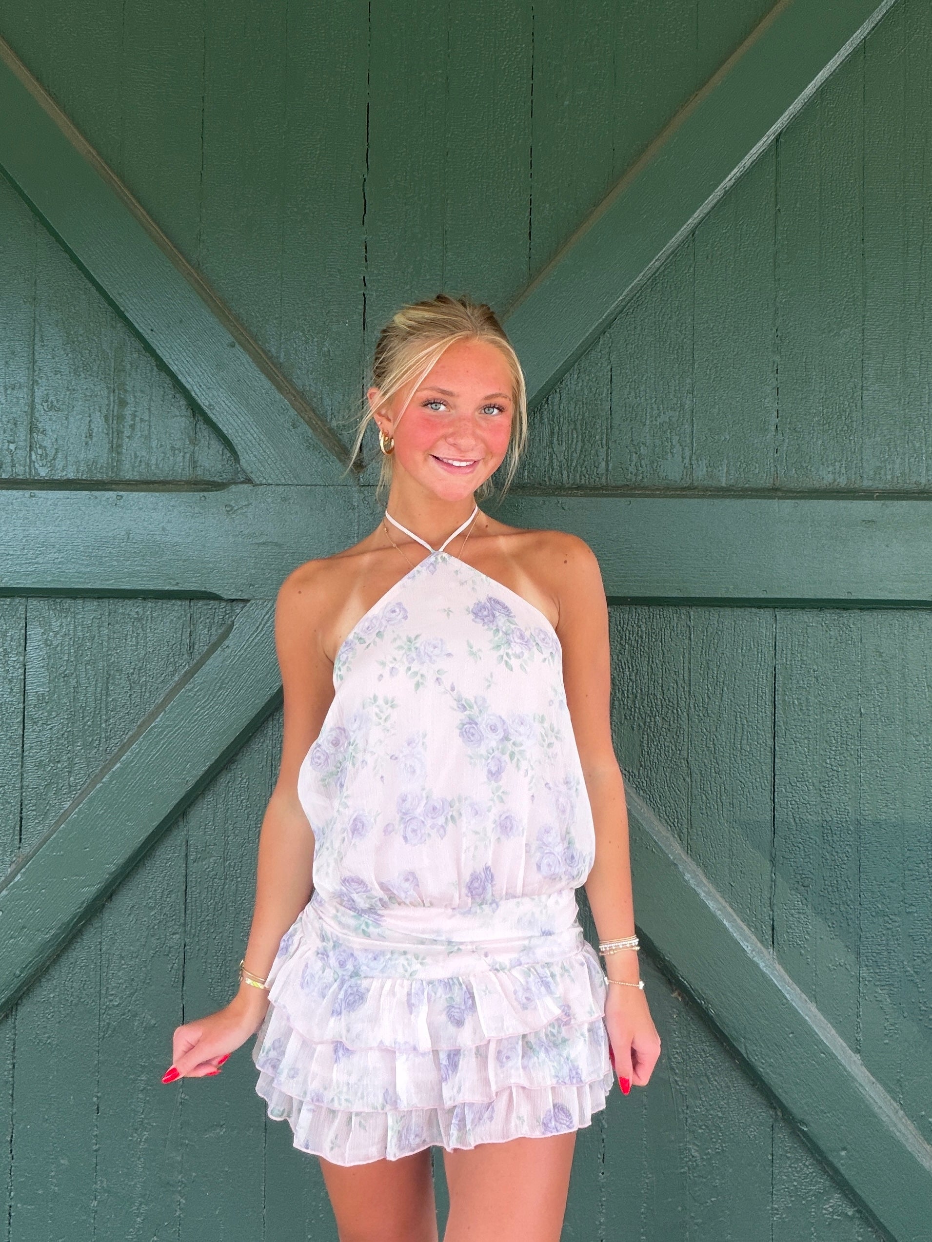 The Bella Halter Floral Mini Romper Dress - Petal Pink