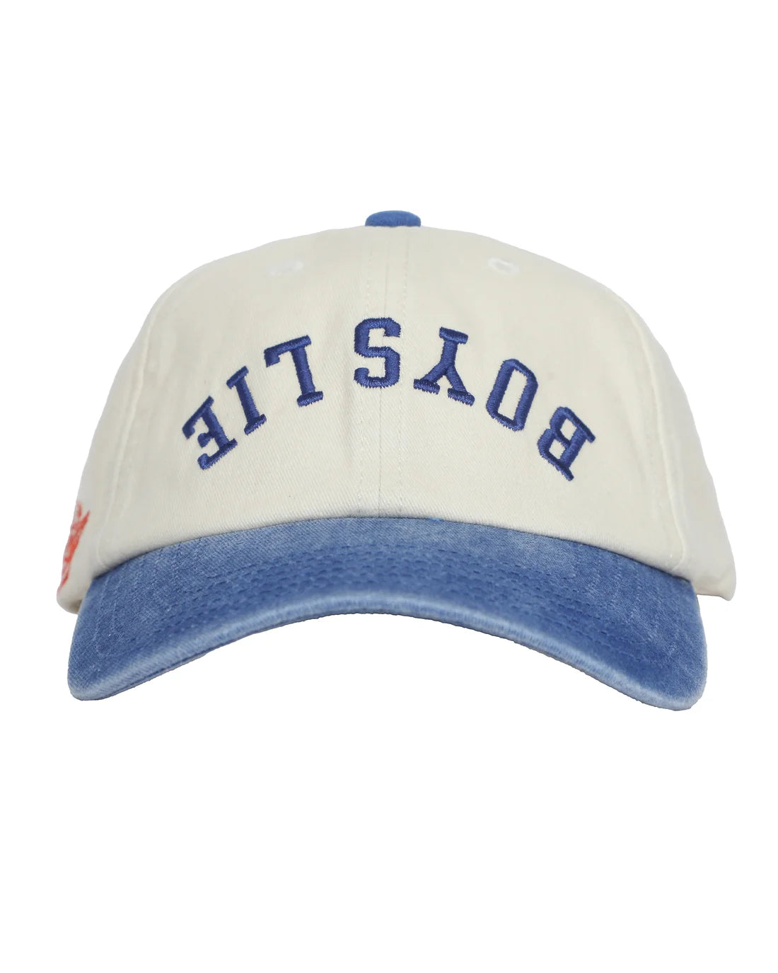 Boys Lie dad hat, cream crown with navy curved brim; blue embroidered lettering on back