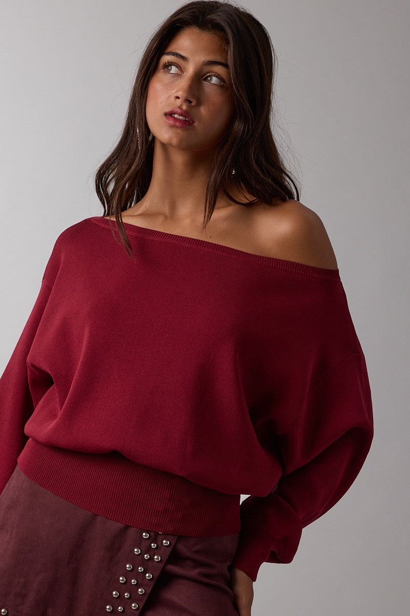 Newport Dark Red Off the Shoulder Sweater