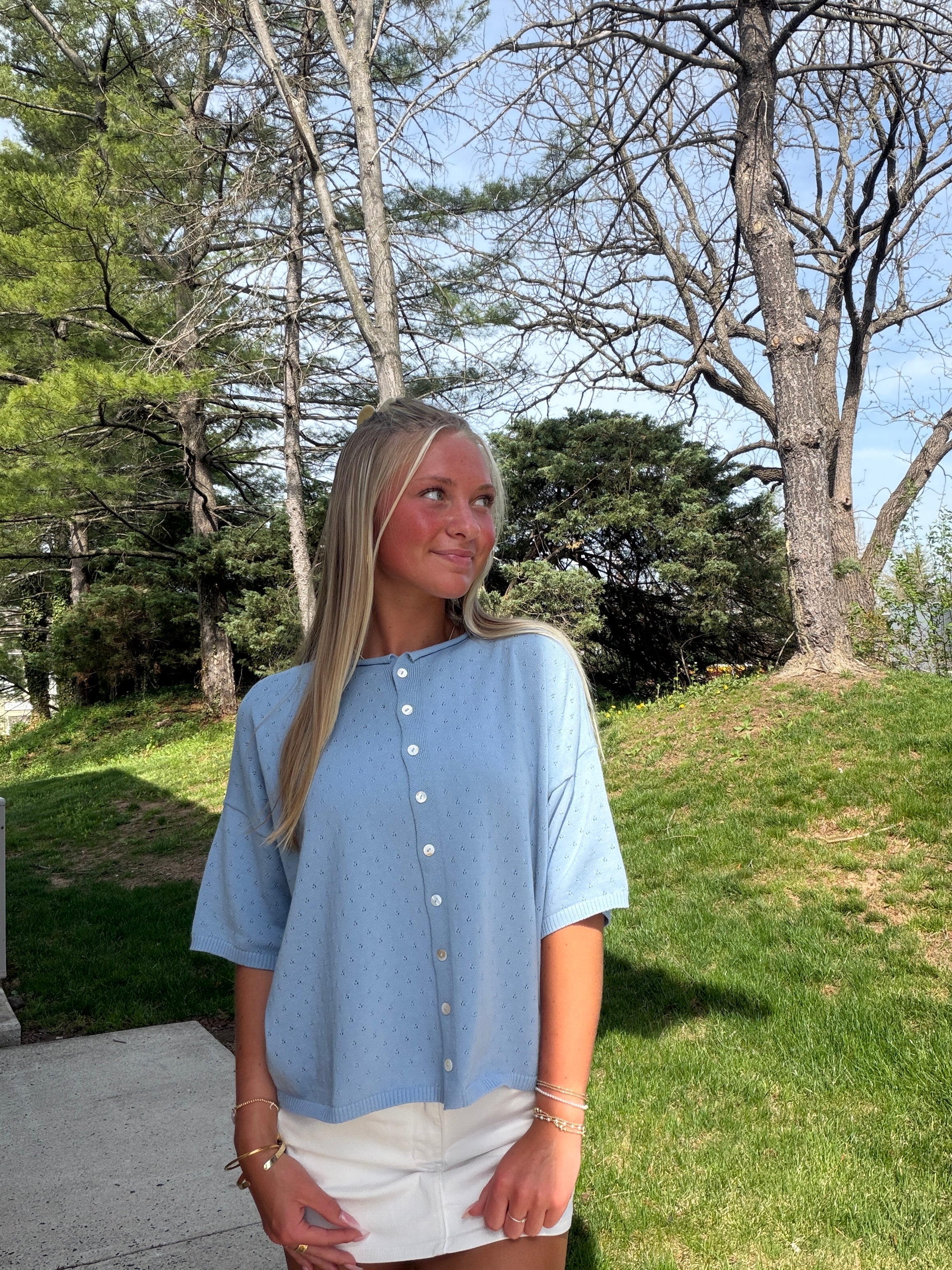 The It Girl Short Sleeve Pointelle Cardigan - Light Blue