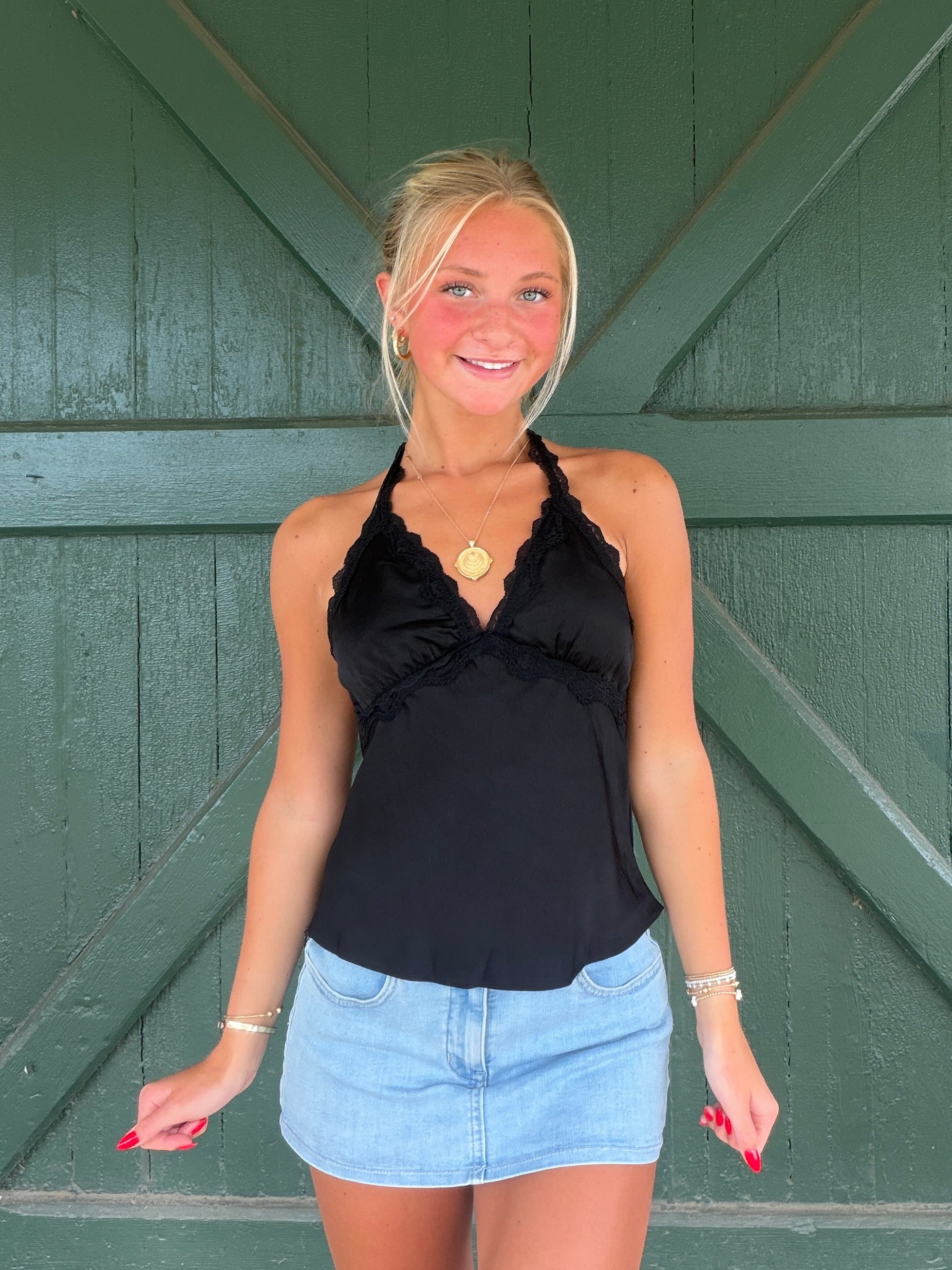 Lanie Lace Trim Silky Halter Crop Top