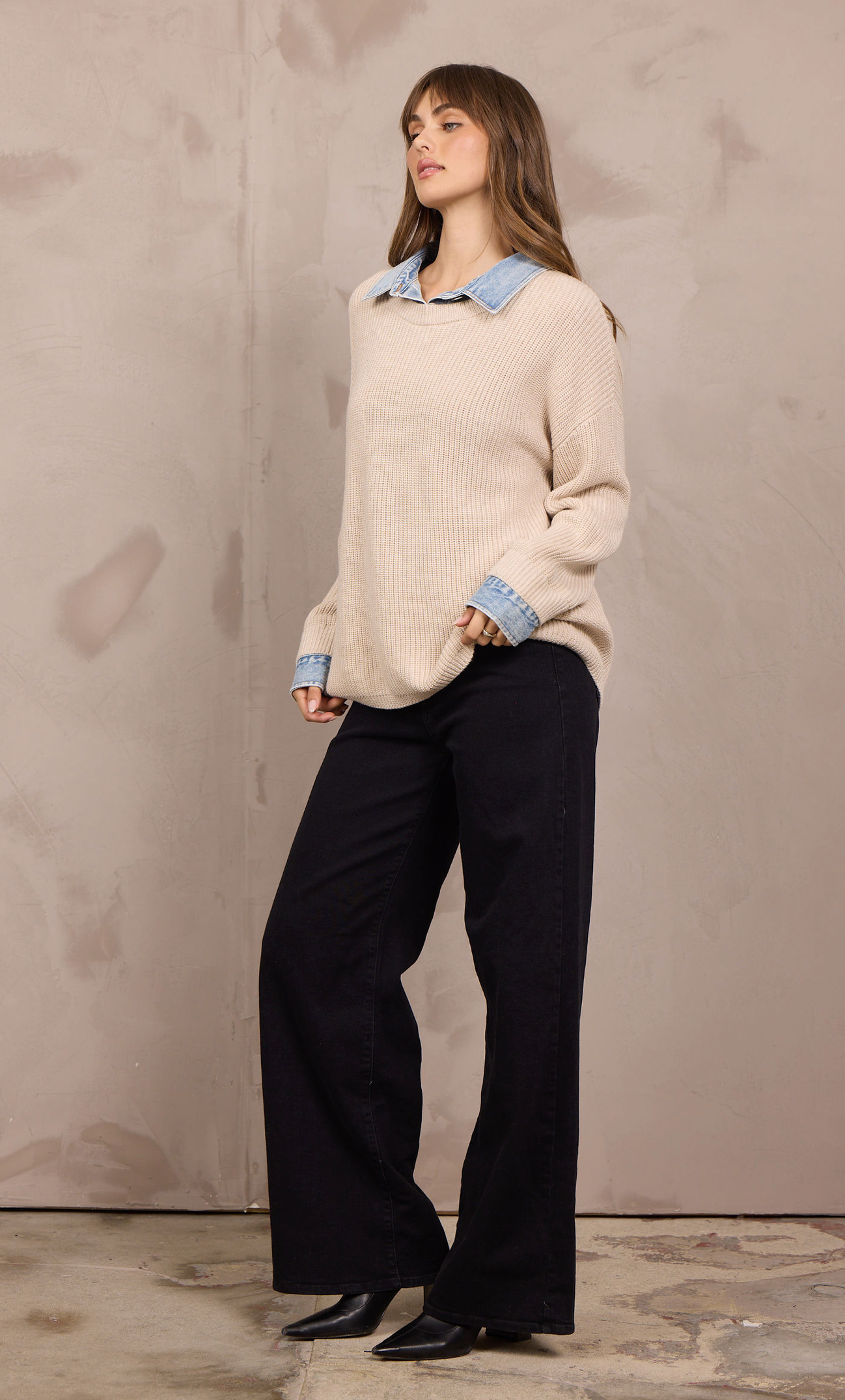 Vintage Havana Light Taupe Sweater with Denim Collar and Cuff