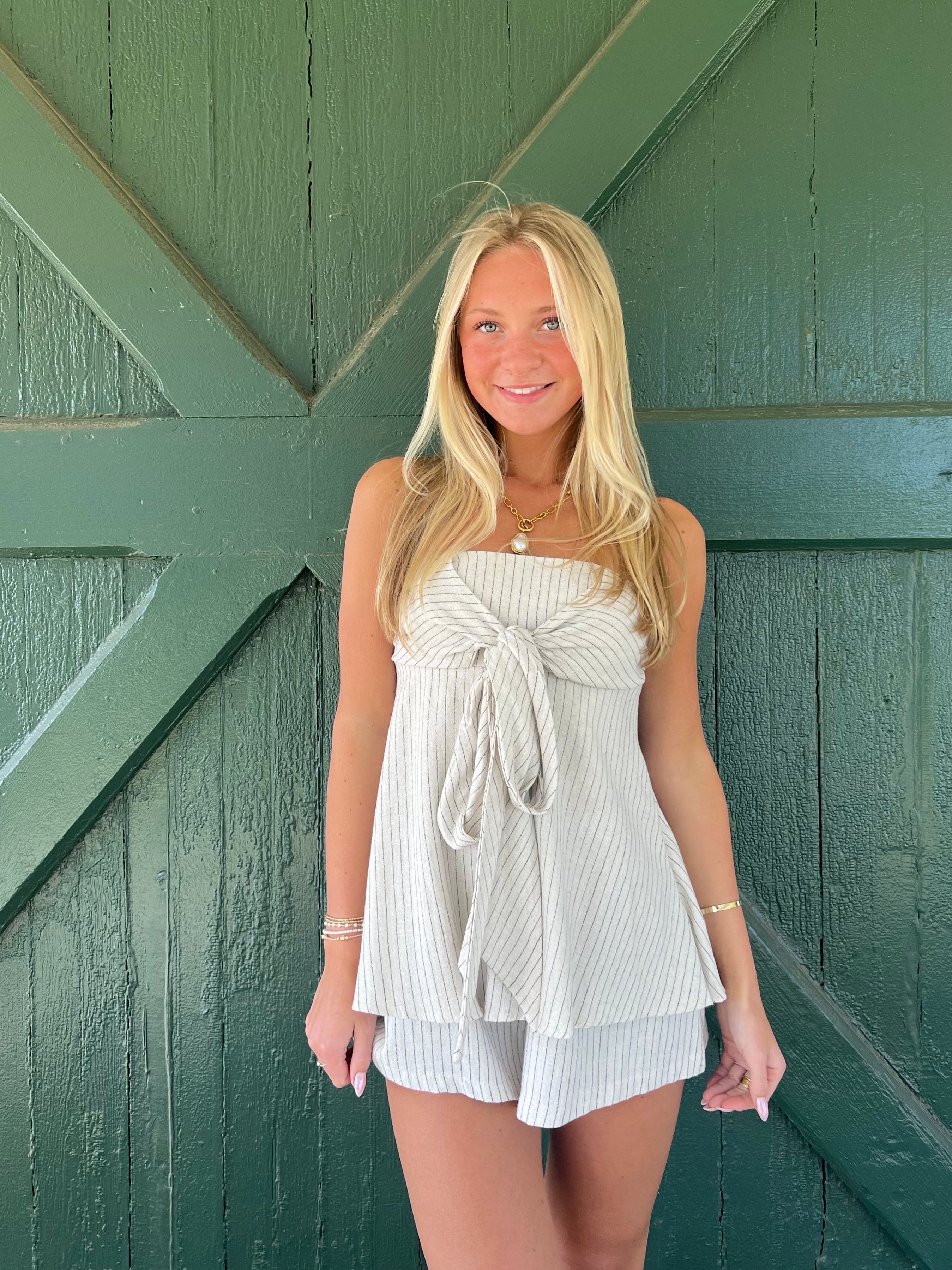 Luna Coast Strapless Striped Tie-Front Romper Dress
