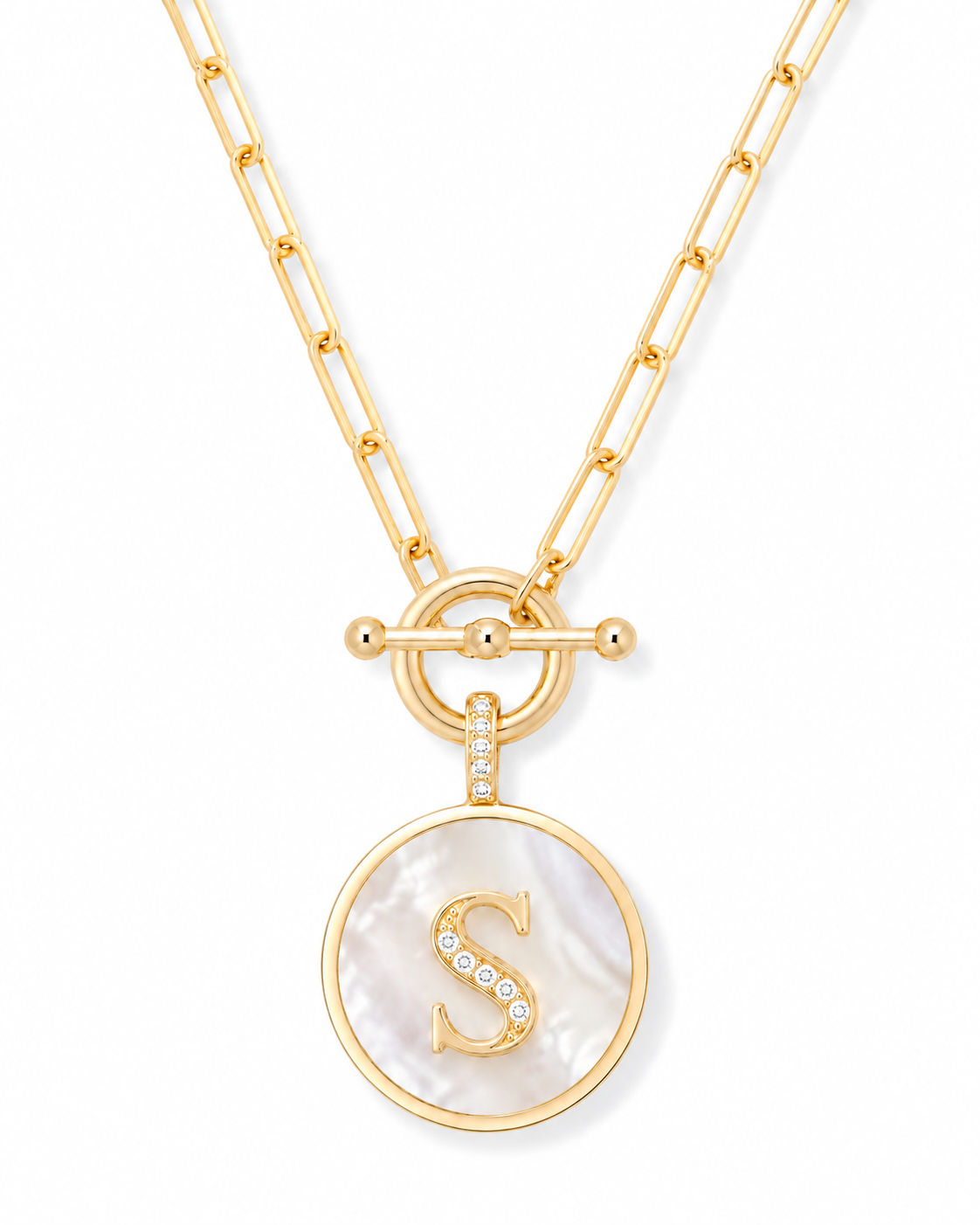 Rae & Jade Mother of Pearl Initial Pendant Necklace – 14K Gold Plated, 32" Chain