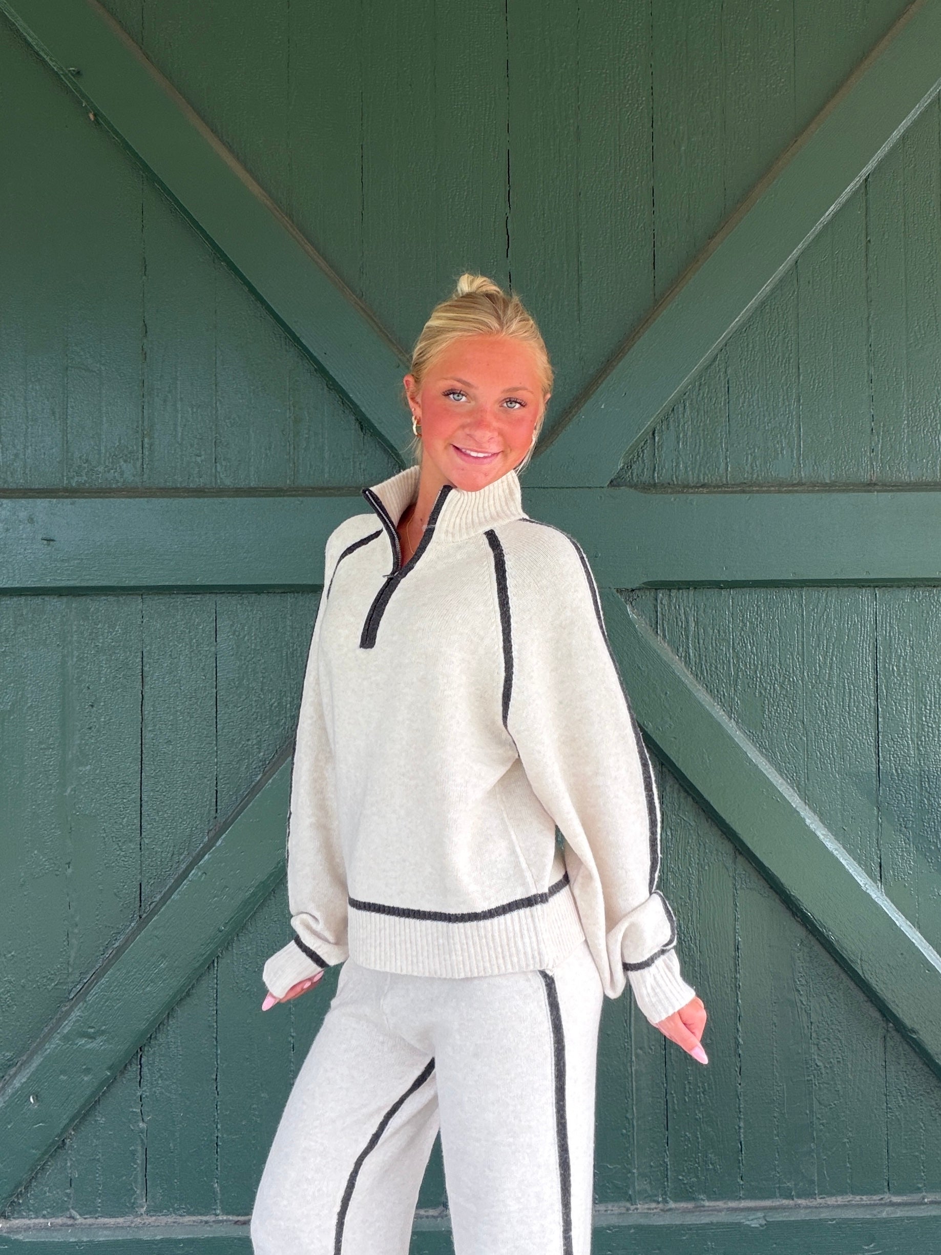 Vintage Havana Heathered Cream Knit Quarter Zip with Contrast