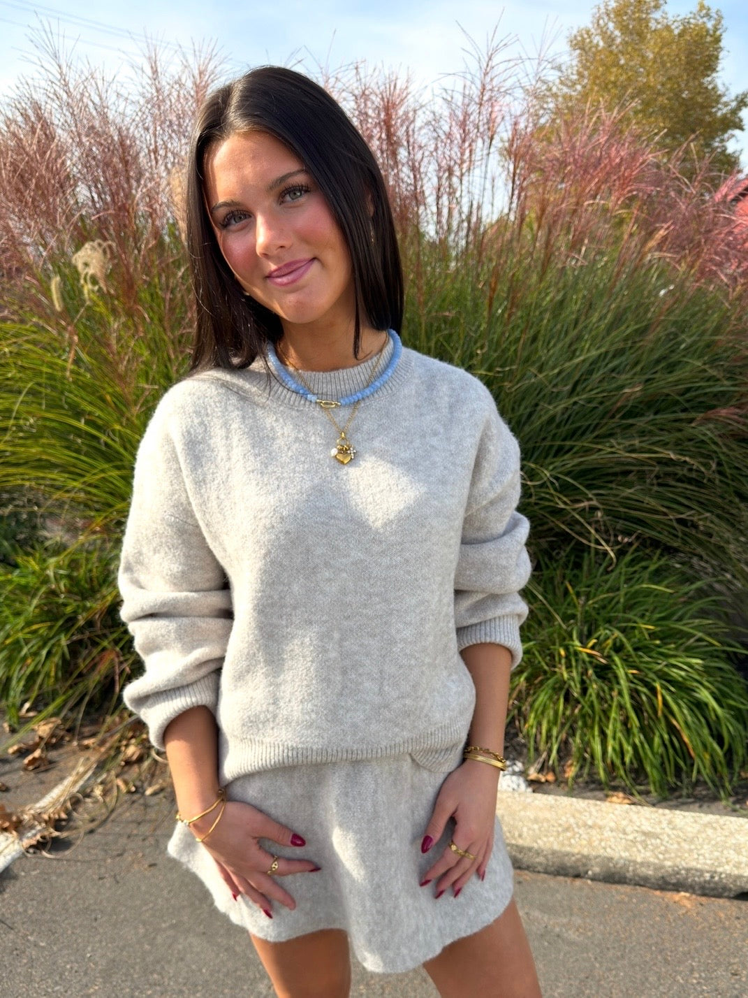 Long Sleeve Sweater Top And Flared Mini Skirt Set