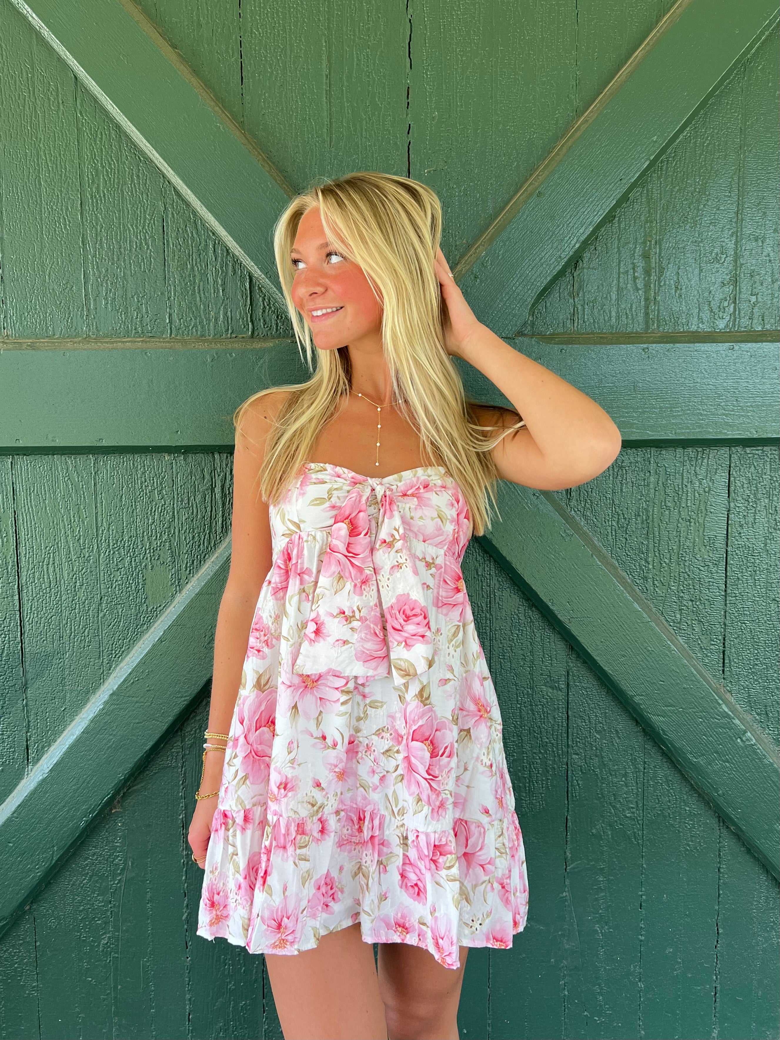 Fiona Pink Floral Strapless Eyelet Mini Dress
