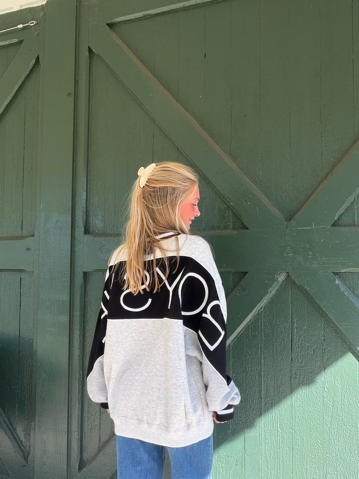 Boys Lie v-neck sweatshirt in grey with black sleeves and large BOYS graphic