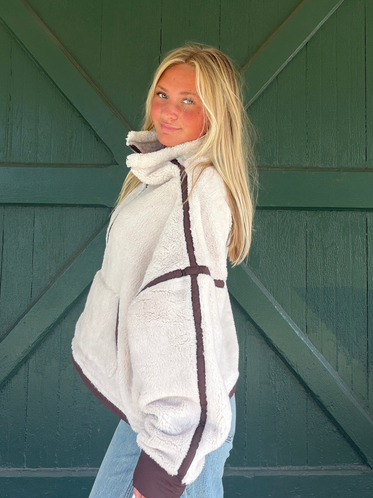 Vintage Havana Light Beige with Brown Sherpa Quarter Zip with Contrast Binding