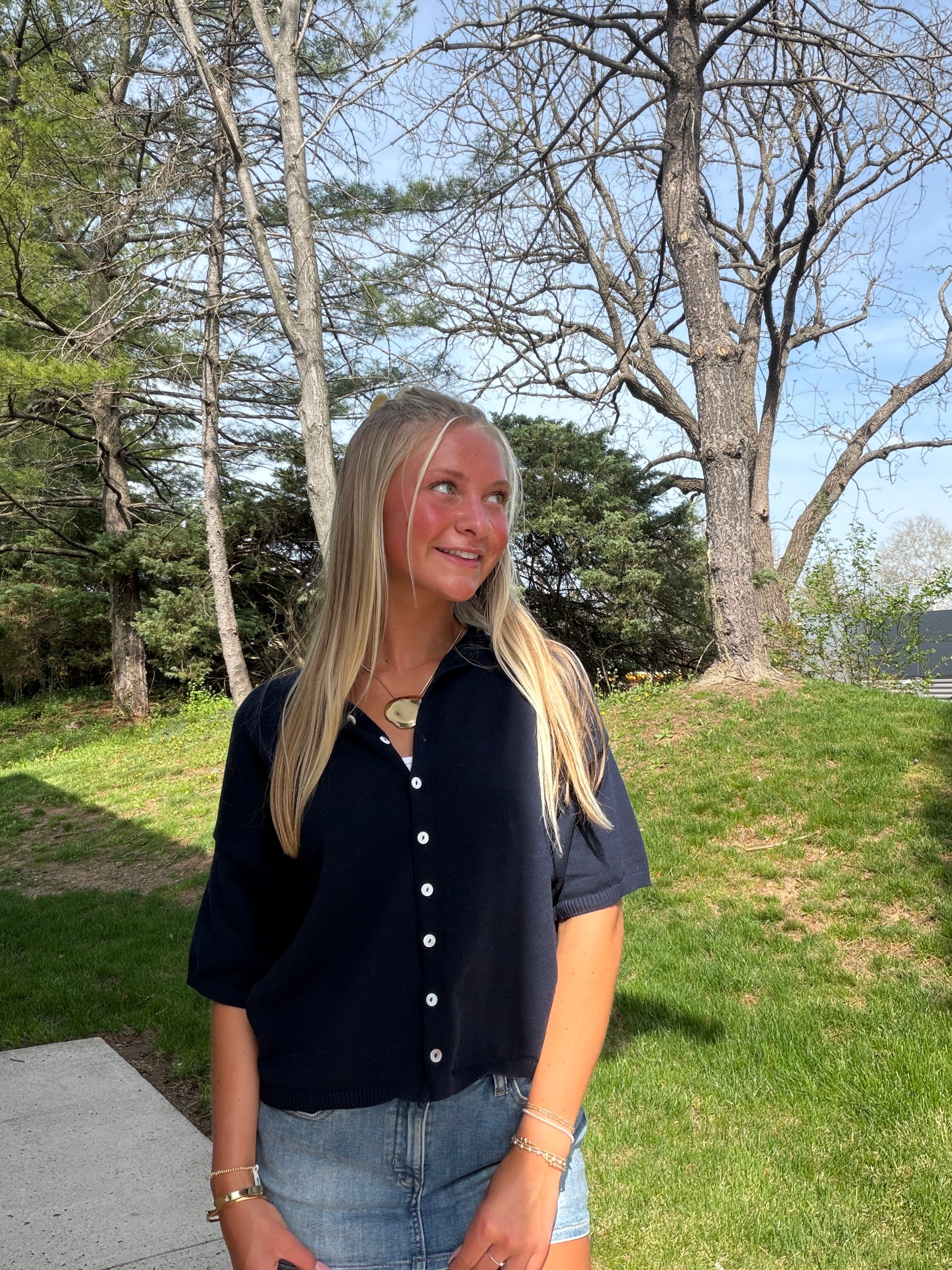 The It Girl Studio Short Sleeve Cotton Cardigan -Midnight