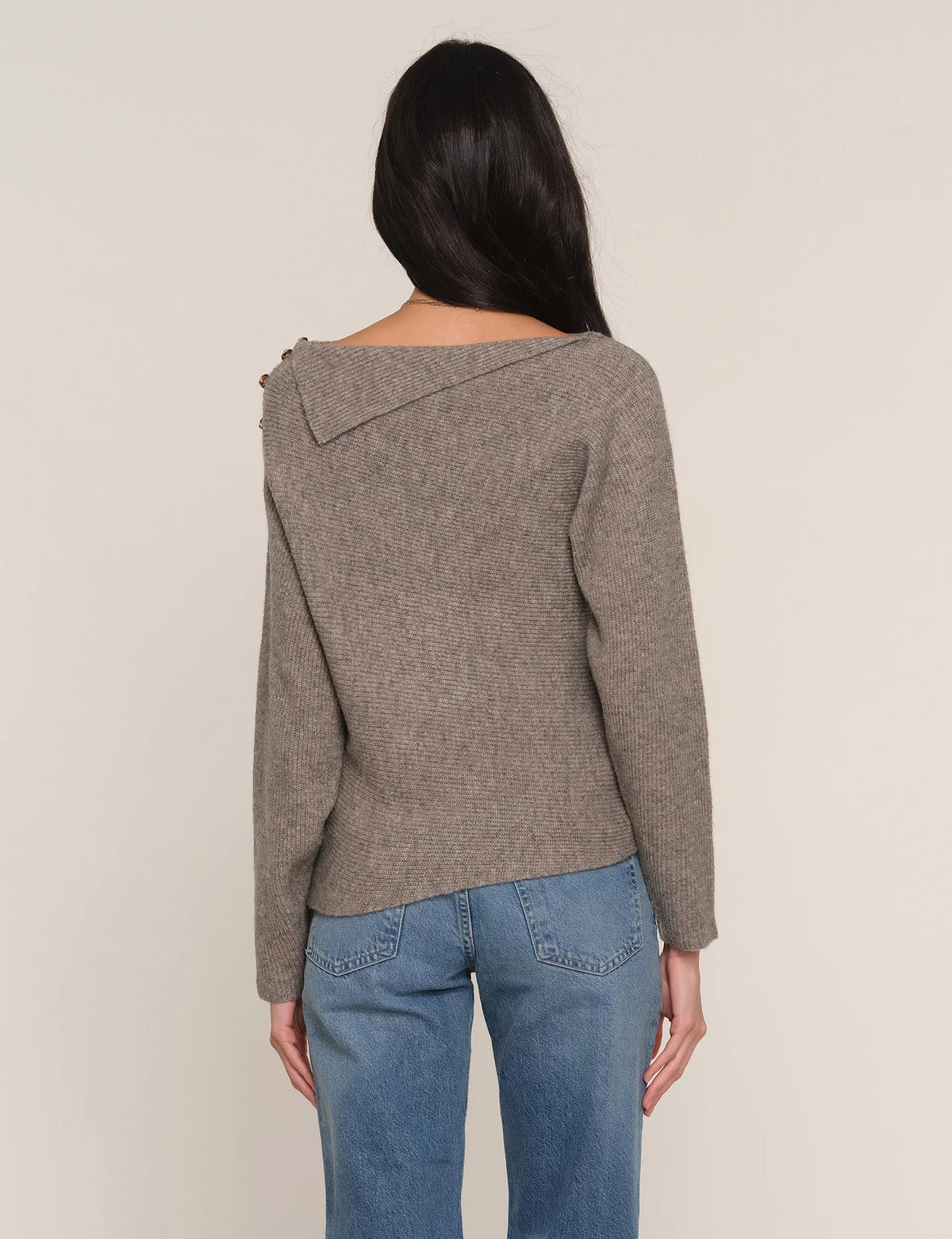 Heathered brown-gray sweater with V-back, long sleeves, and ribbed cuffs