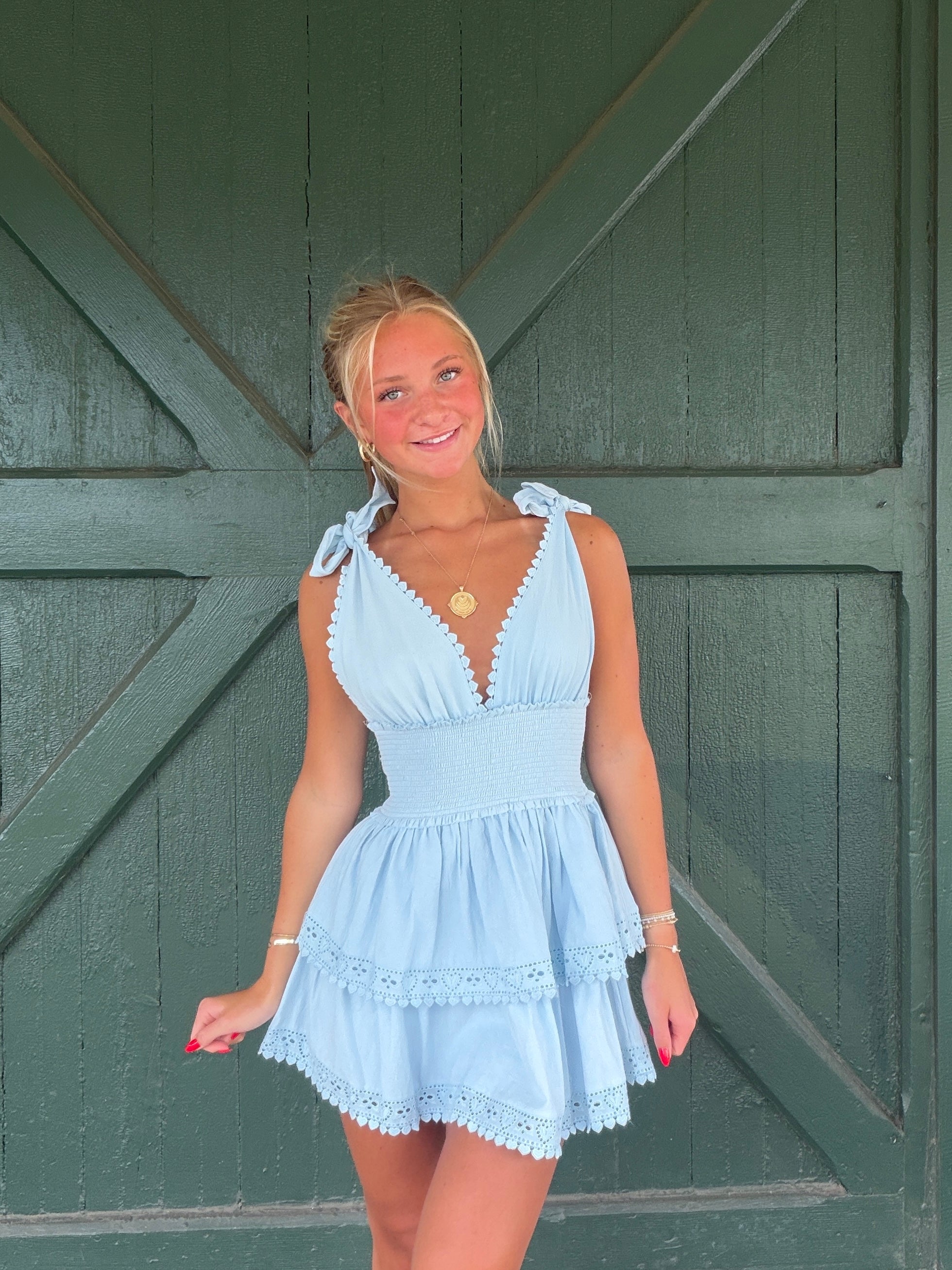 Penelope Baby Blue Tie Strap Layered Lace Mini Dress L / Baby Blue