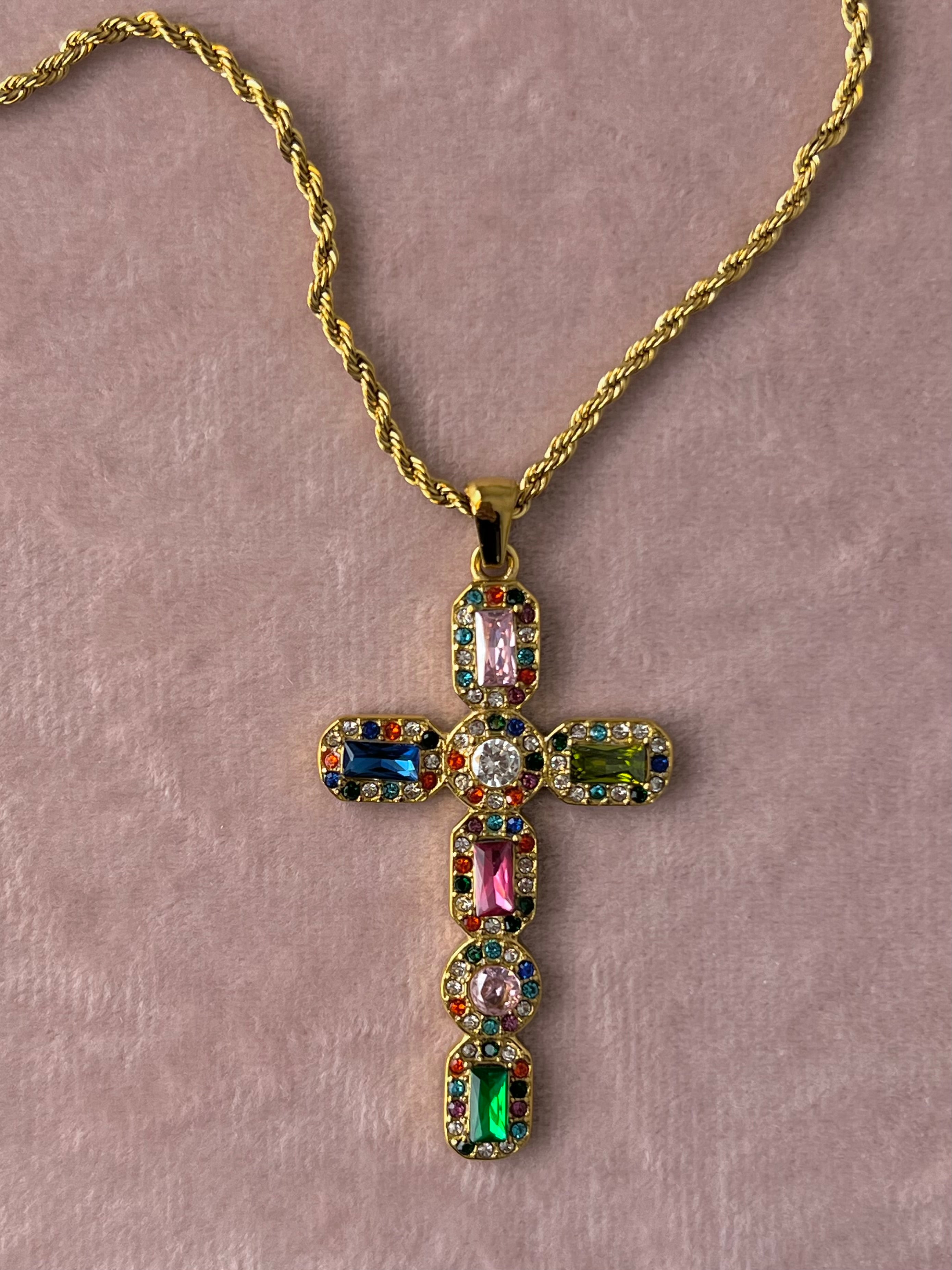 The Bella Multi Color Crystal Cross Necklace – Water & Tarnish Resistant