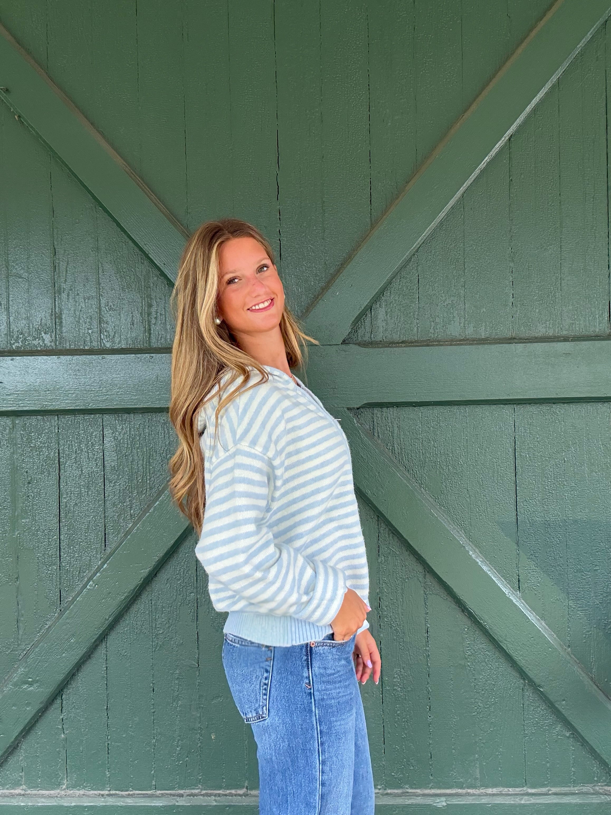 The It Girl Stripe Zip Sweater Hoodie -Baby Blue Stripe
