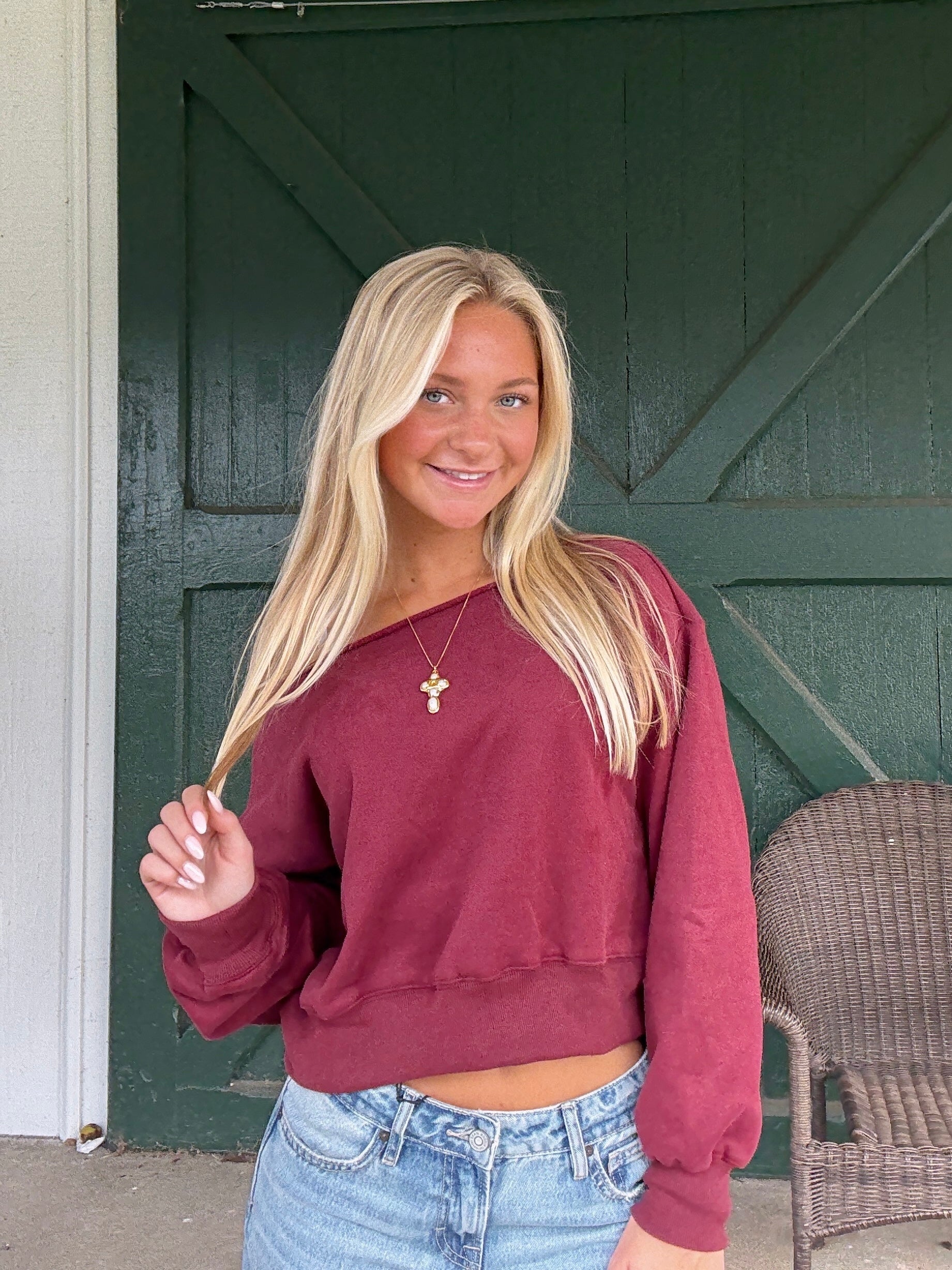 Everything Burgundy Off The Shoulder Sweatshirt