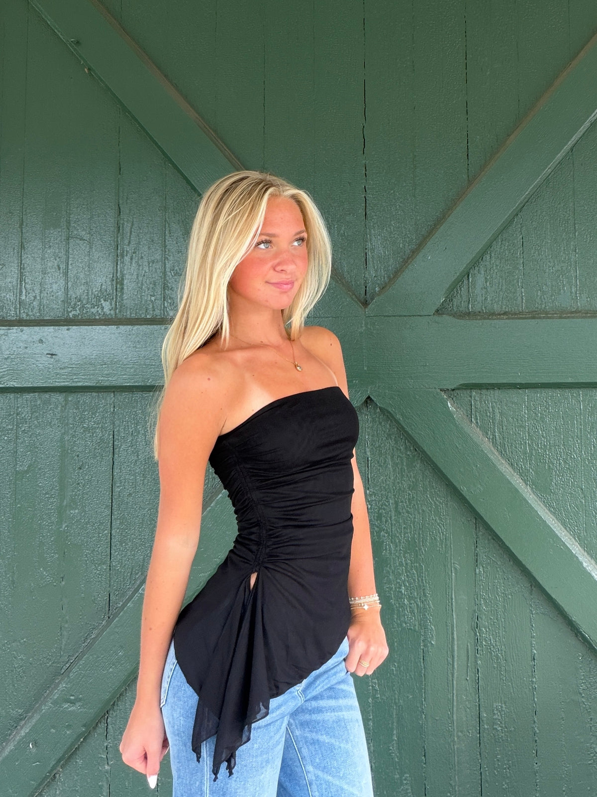 Sasha Ruched Mesh Draped Strapless Top