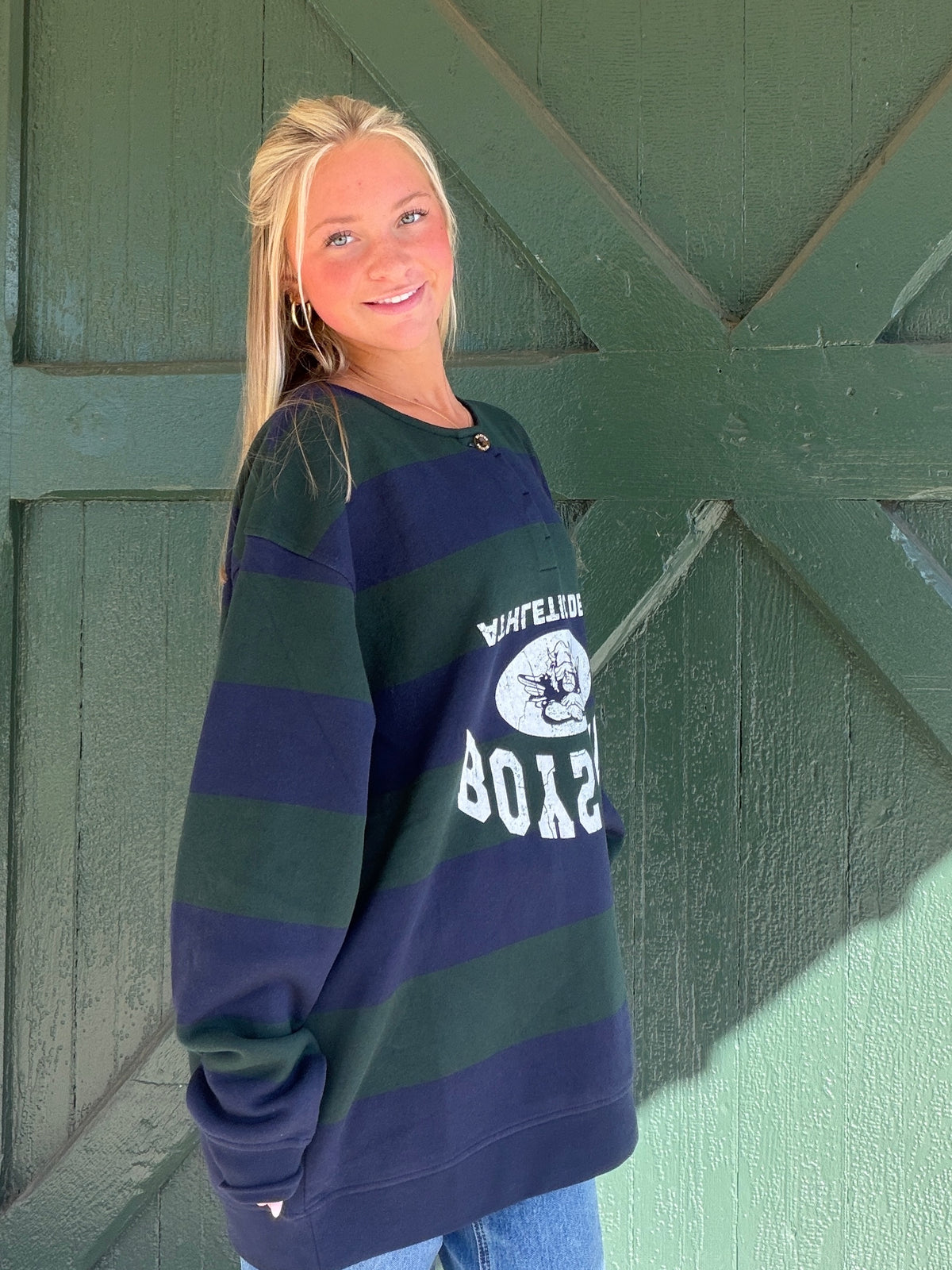 Boys Lie striped rugby sweatshirt, navy and green; white front logo graphic