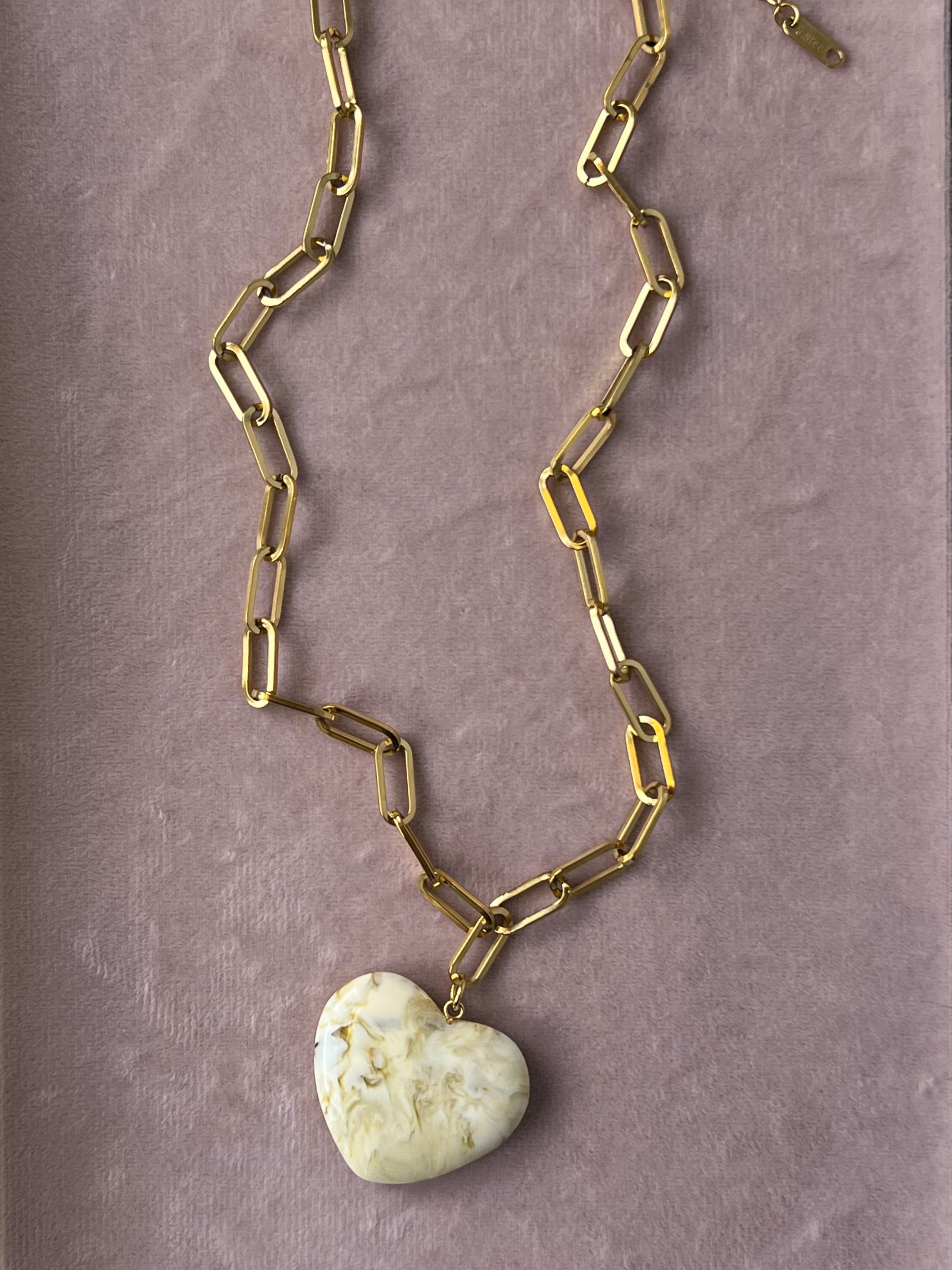 The Melissa Marbled Cream Resin Puff Heart Necklace – Water & Tarnish Resistant
