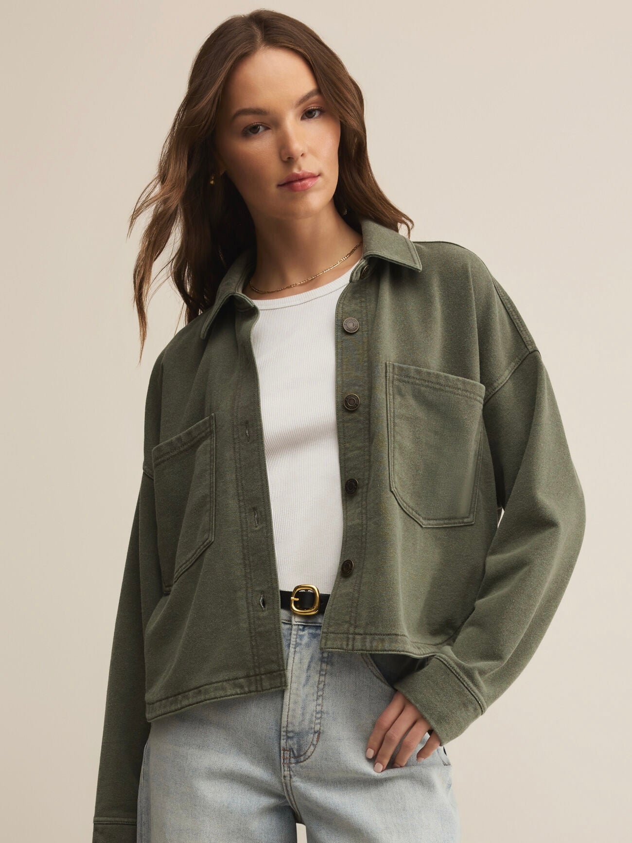All Day Crop Knit Hunter Green Denim Jacket