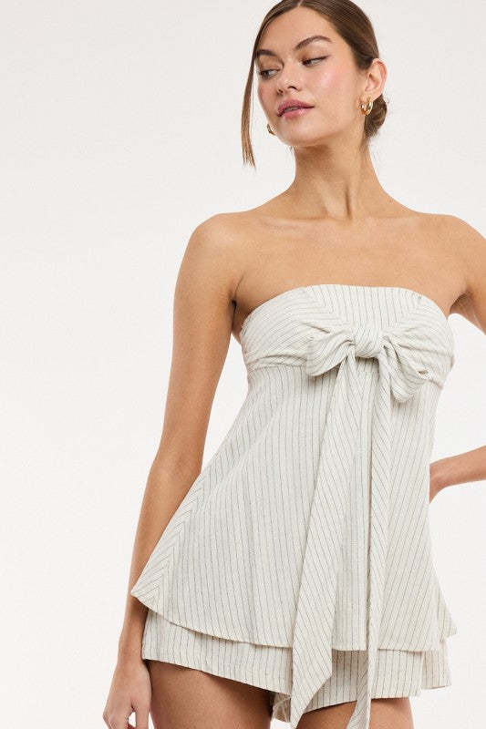 Luna Coast Strapless Striped Tie-Front Romper Dress