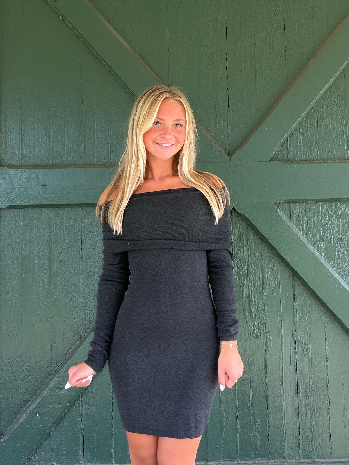 black off shoulder sweater dress NIA Fairleigh – Off-the-Shoulder Knit Dress Bardot dress