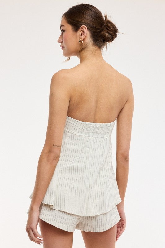 Luna Coast Strapless Striped Tie-Front Romper Dress