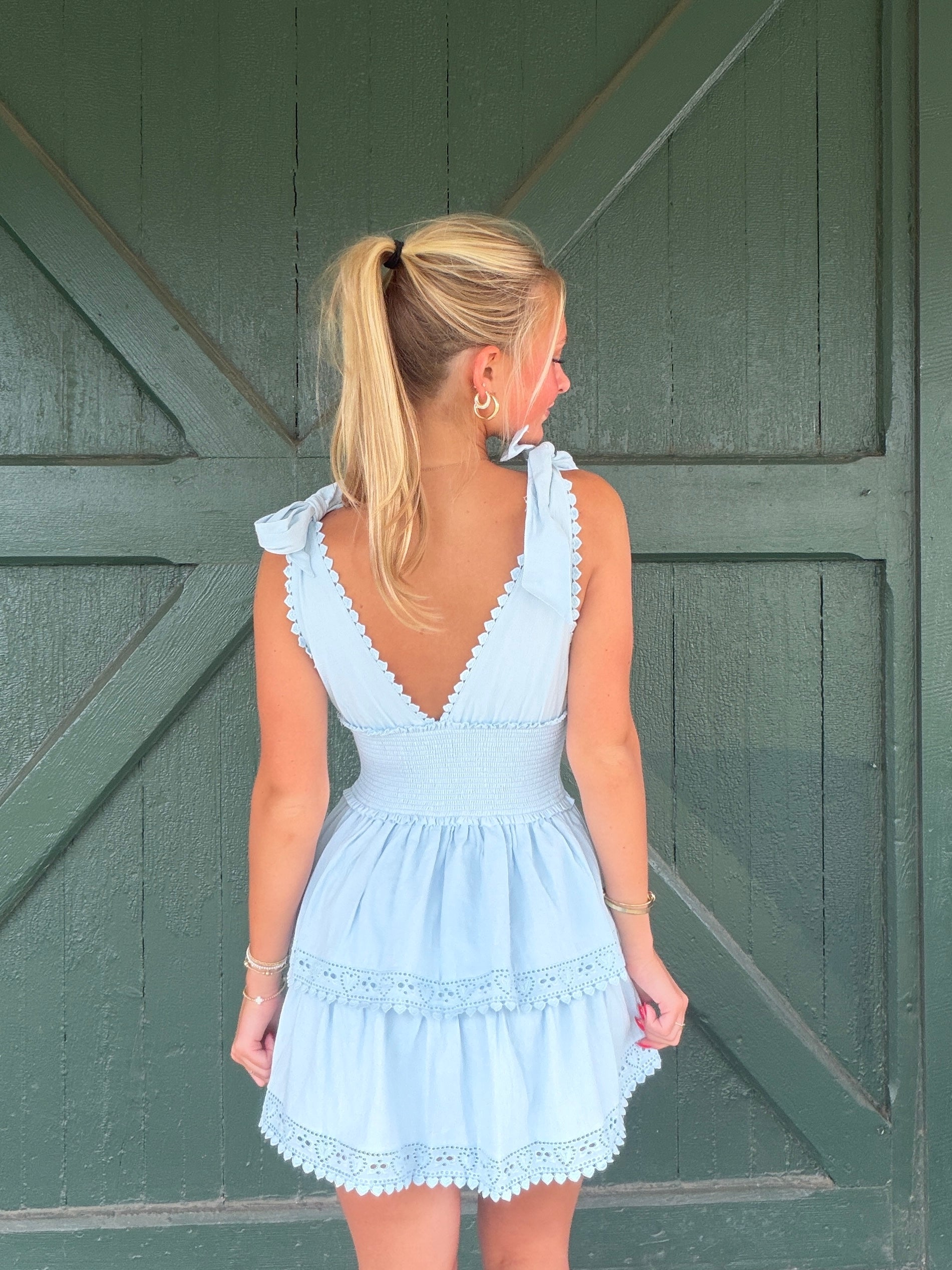 Penelope Baby Blue Tie Strap Layered Lace Mini Dress