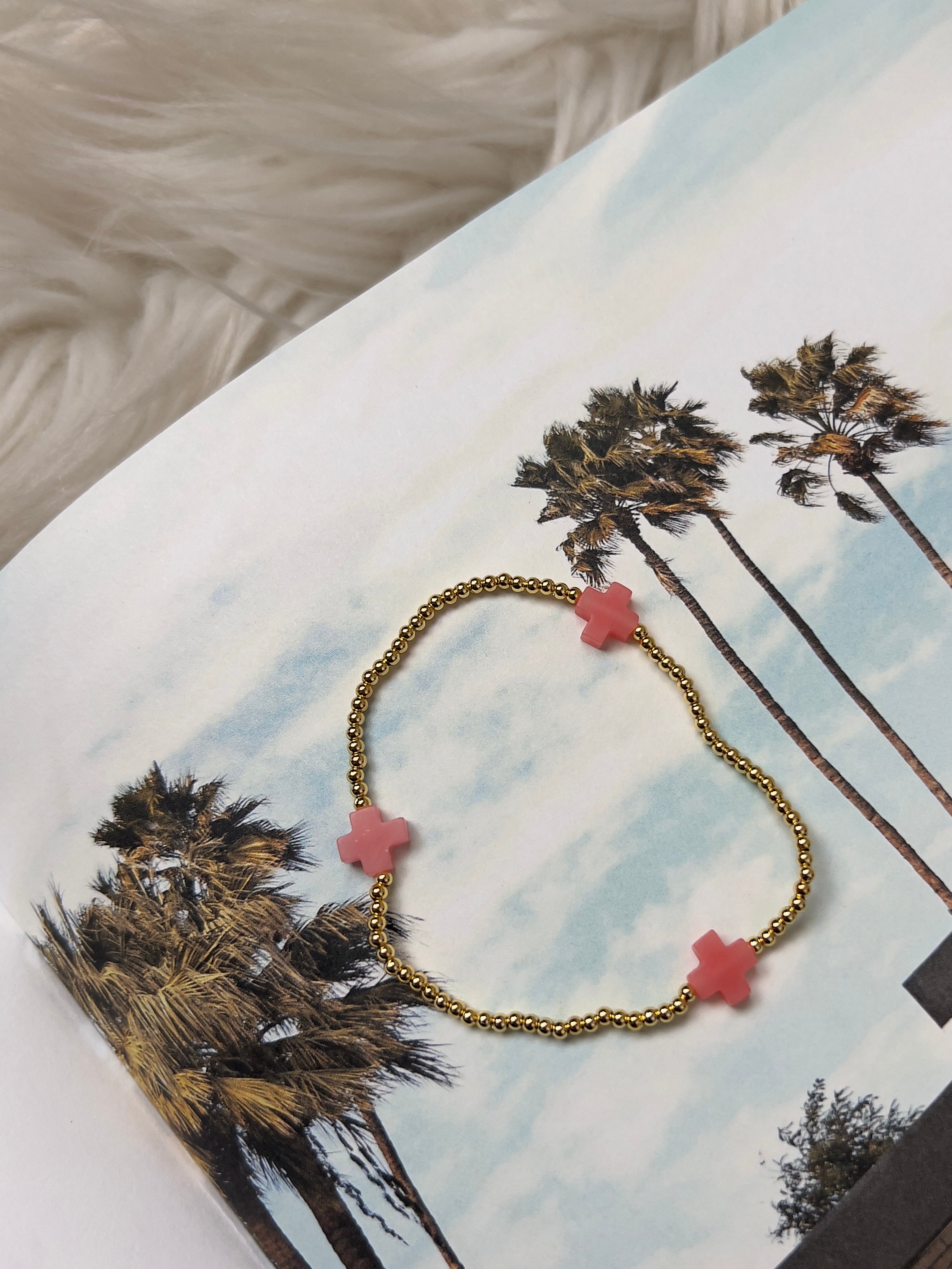 Venice Blush — Gold Bead Bracelet with Pink Crosses