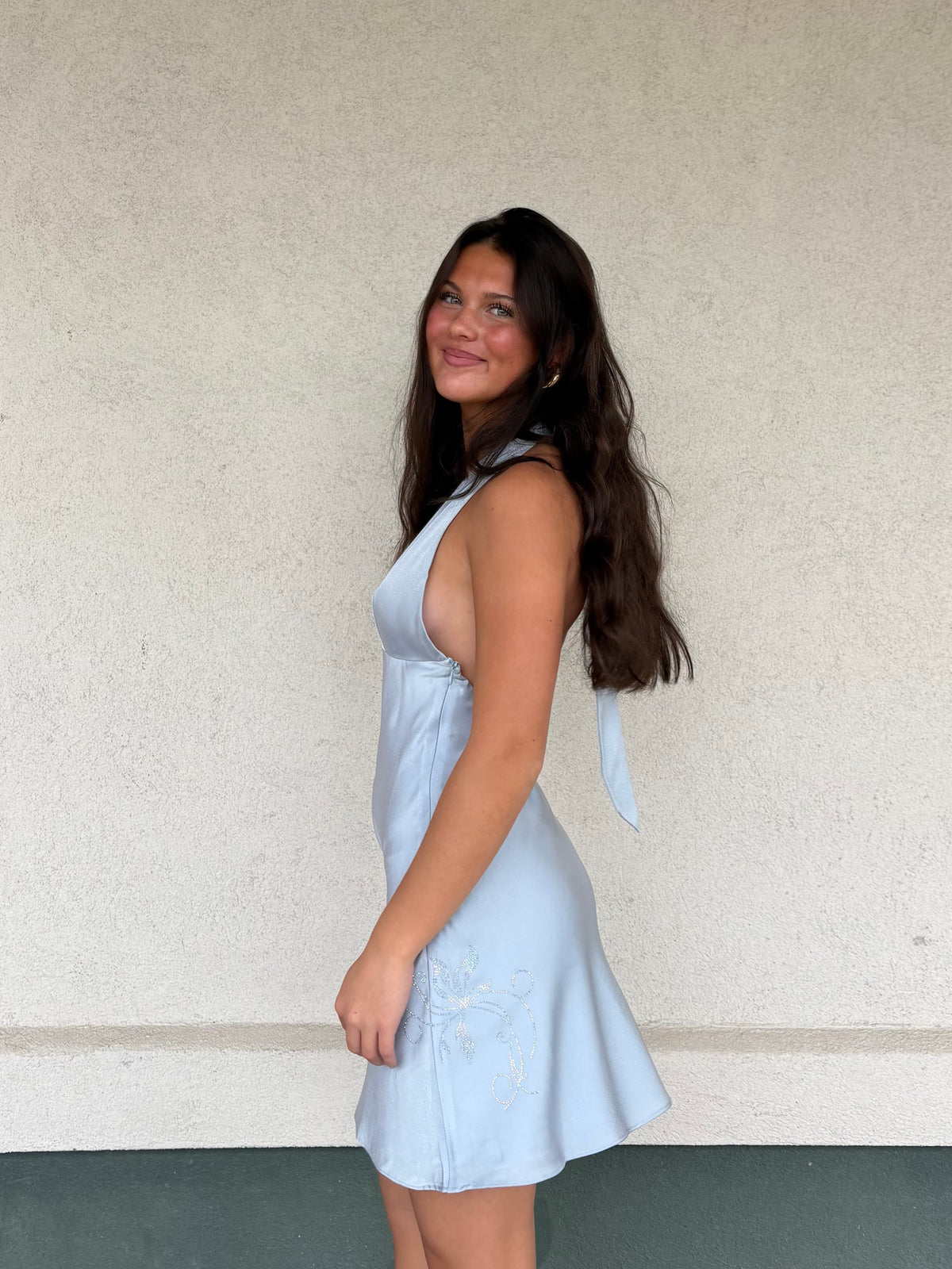 Silky Halter Mini Dress with Crystal Detail