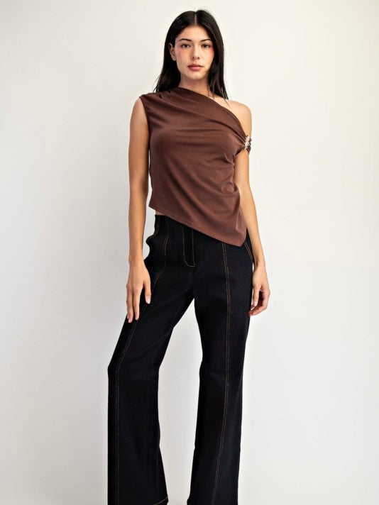 Lauren One Shoulder With Metal Trim Asymmetrical Hem Top -