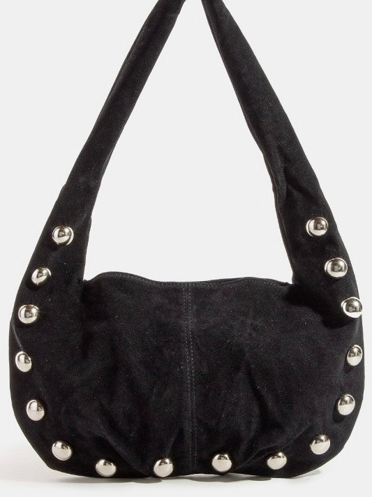 Studded Black Soft Hobo Shoulder Bag