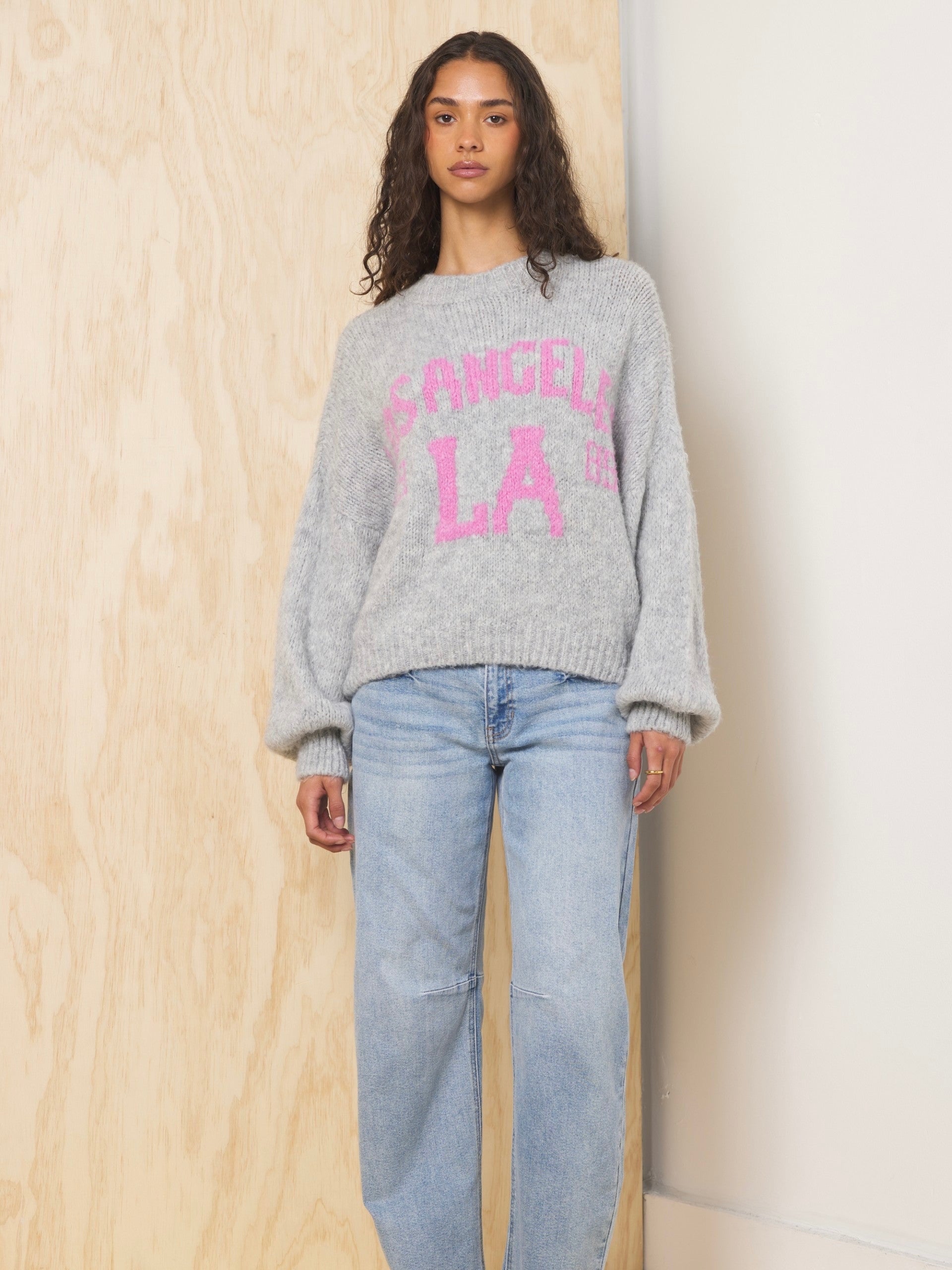 Light Grey Pink "LA" Jaquard Destination Sweater